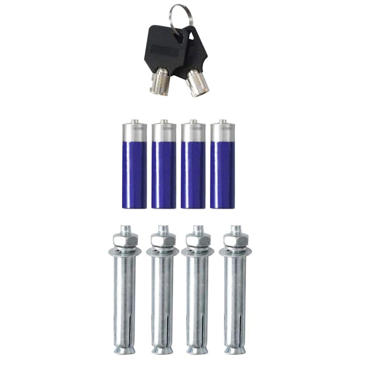 Due chiavi, quattro batterie blu e quattro tasselli con bulloni.