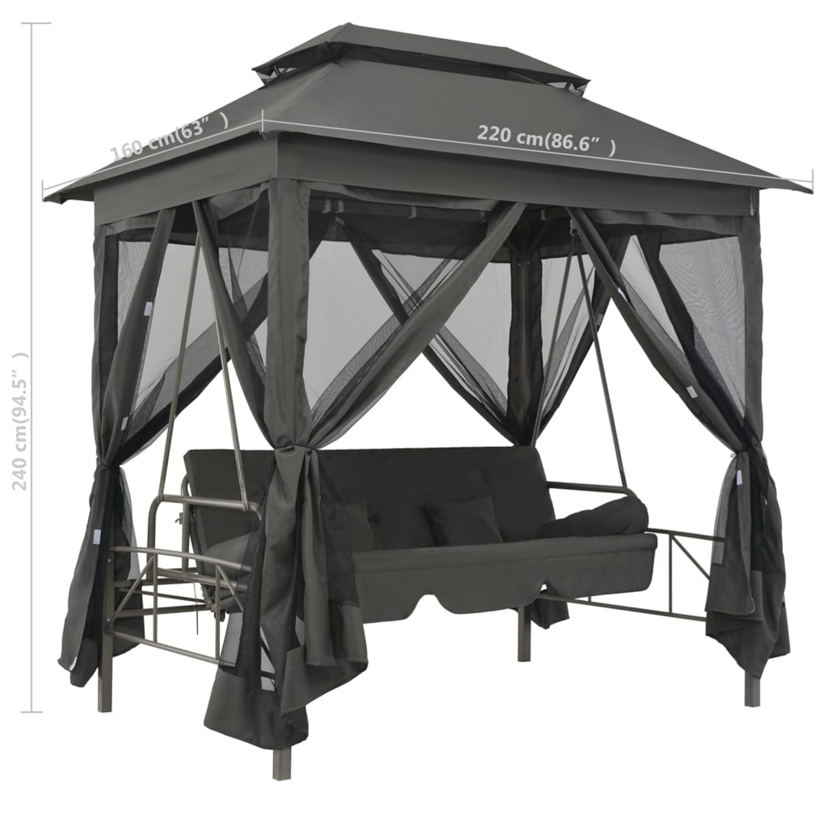 Grauer Pavillon mit Schaukel und Moskitonetz, Maße sind angegeben.