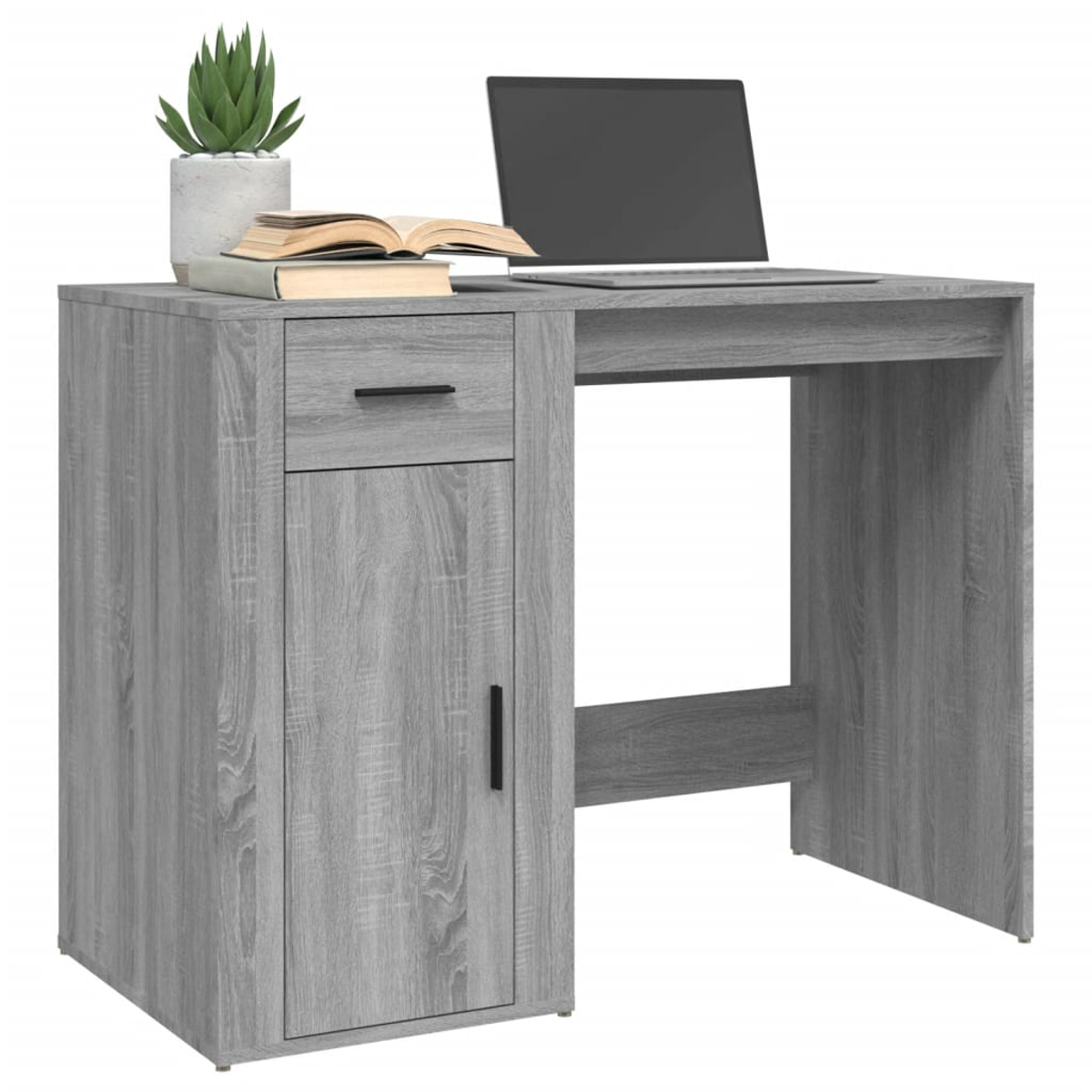 Ein grauer Schreibtisch mit Laptop, Büchern und Pflanze.