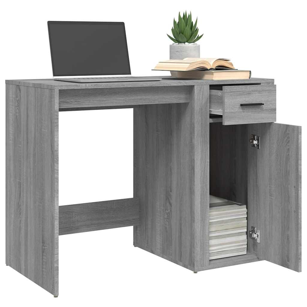 Grauer Schreibtisch mit Laptop, Topf und Büchern. Offenes Fach.