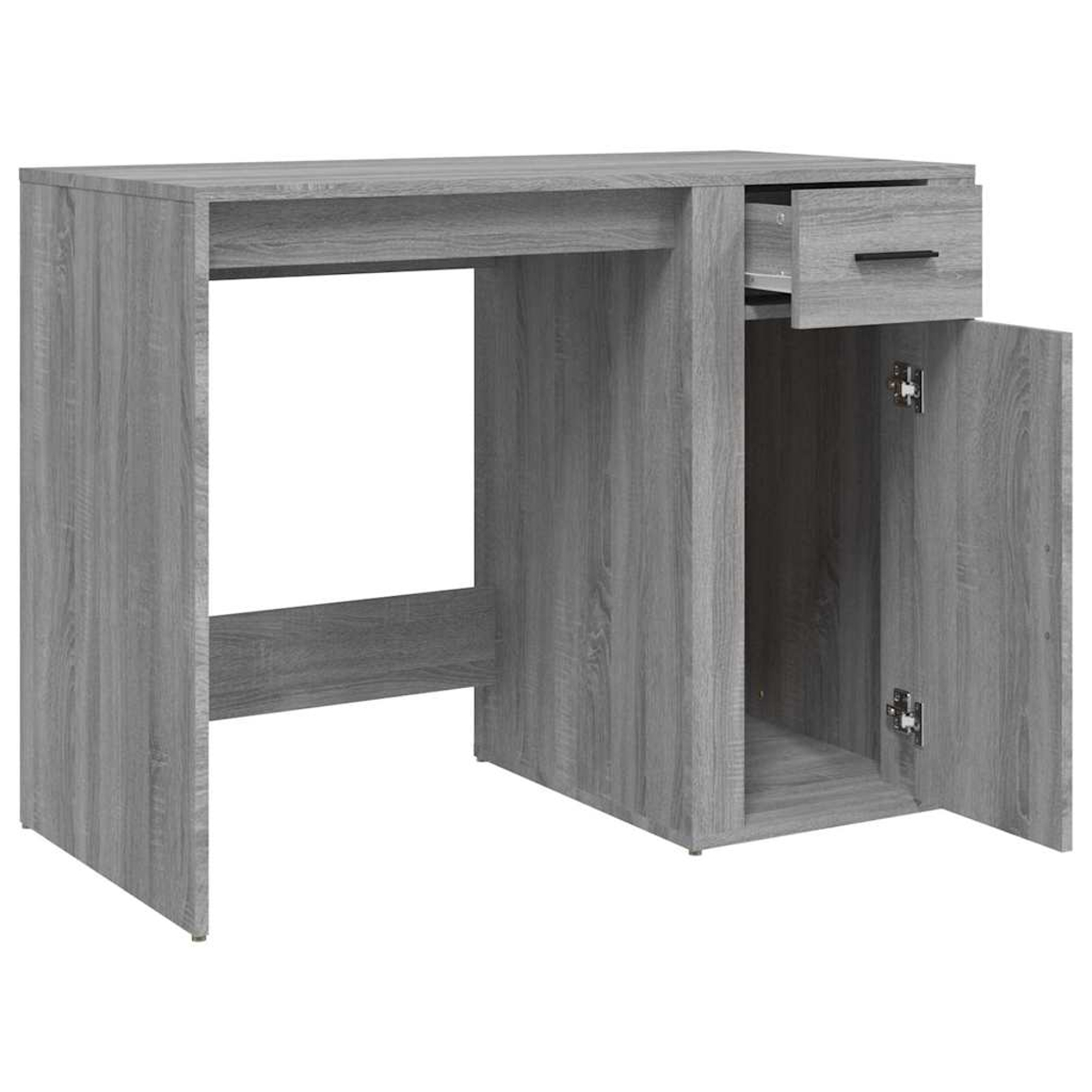 Ein grauer Holzschreibtisch mit offener Schublade und offener Schranktür.