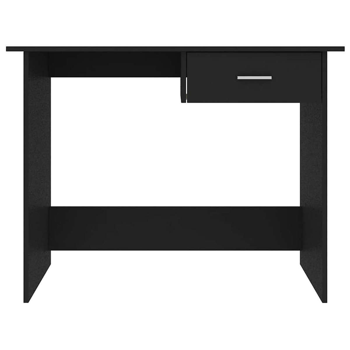 Schwarzer Schreibtisch mit einer Schublade und silbernem Griff.