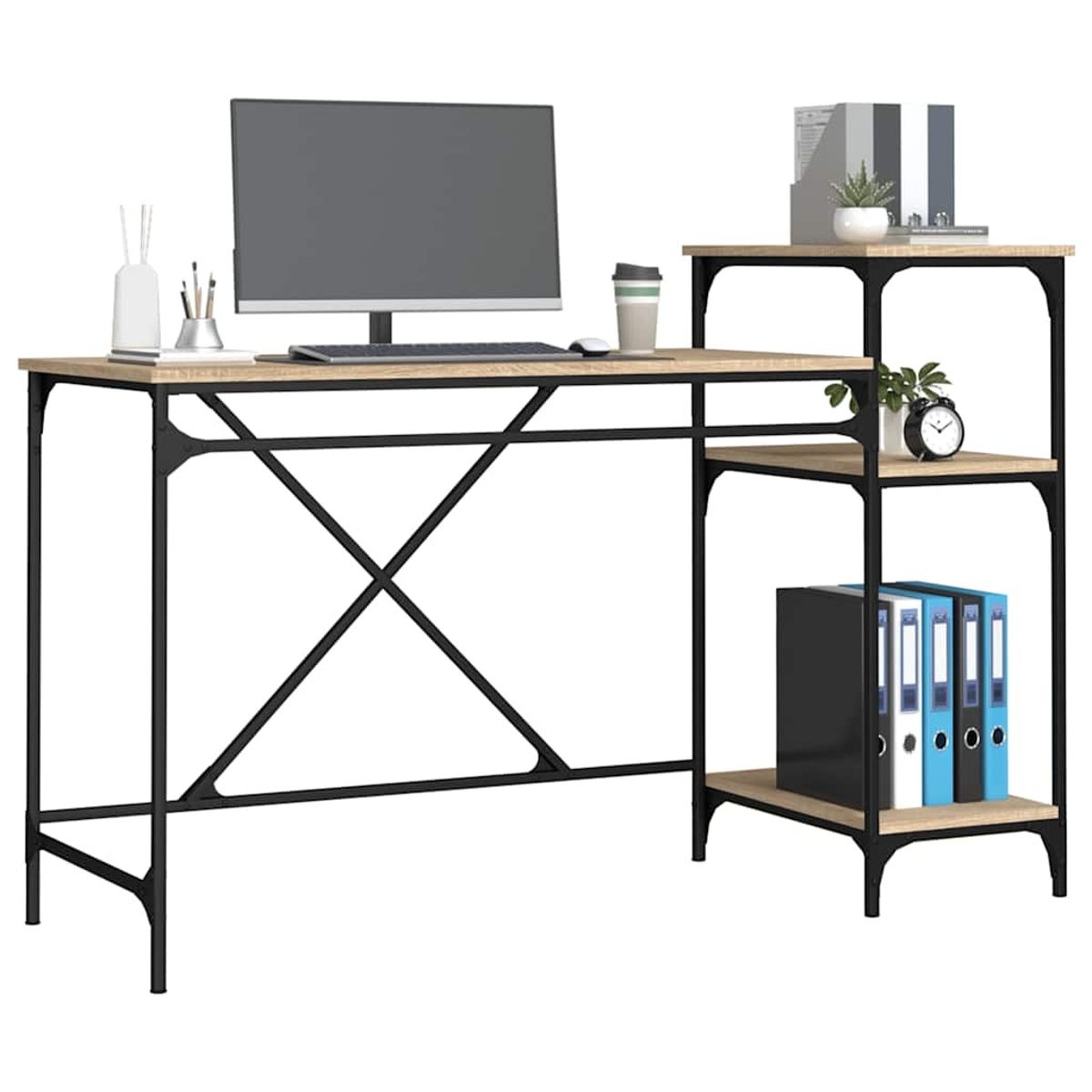 Ein Schreibtisch mit Computer, Tastatur, Maus, Tasse und Aktenordnern.