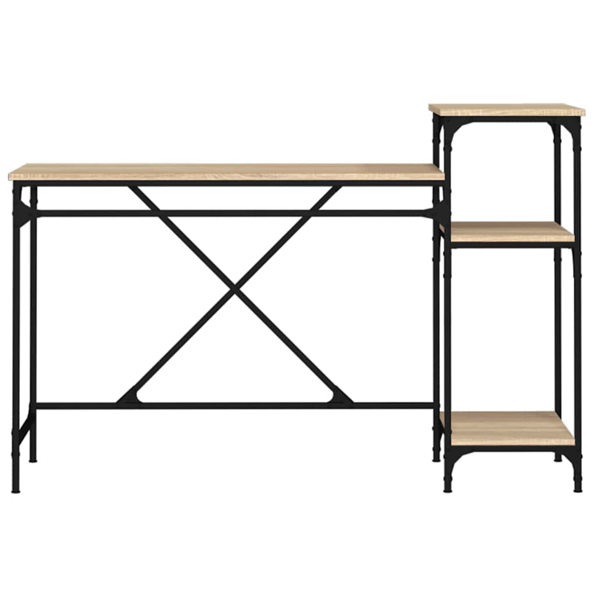 Ein hölzerner Schreibtisch mit schwarzem Metallgestell und integriertem Regal.