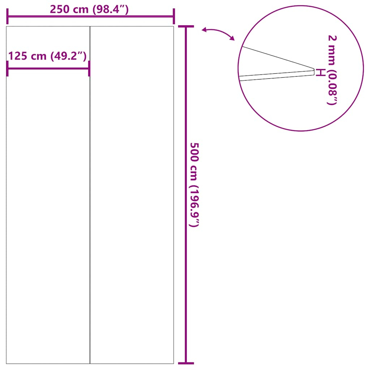 Diagramm zeigt Maße für ein Objekt: 250x500 cm, Dicke 2 mm.