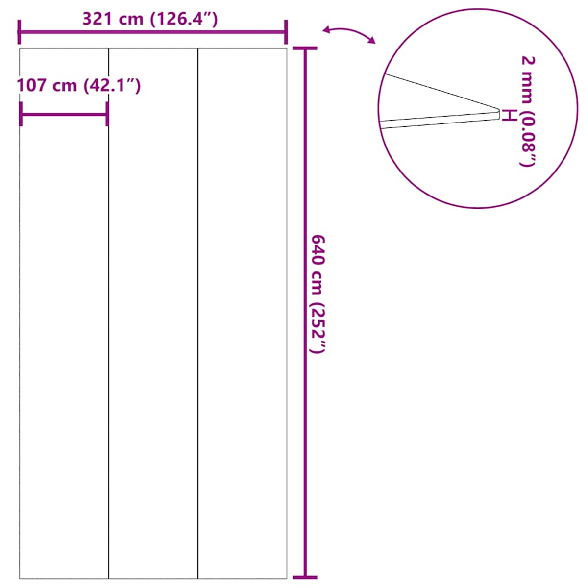 Technische Zeichnung: Breite 321 cm, Höhe 640 cm. Detailansicht zeigt 2 mm Dicke.