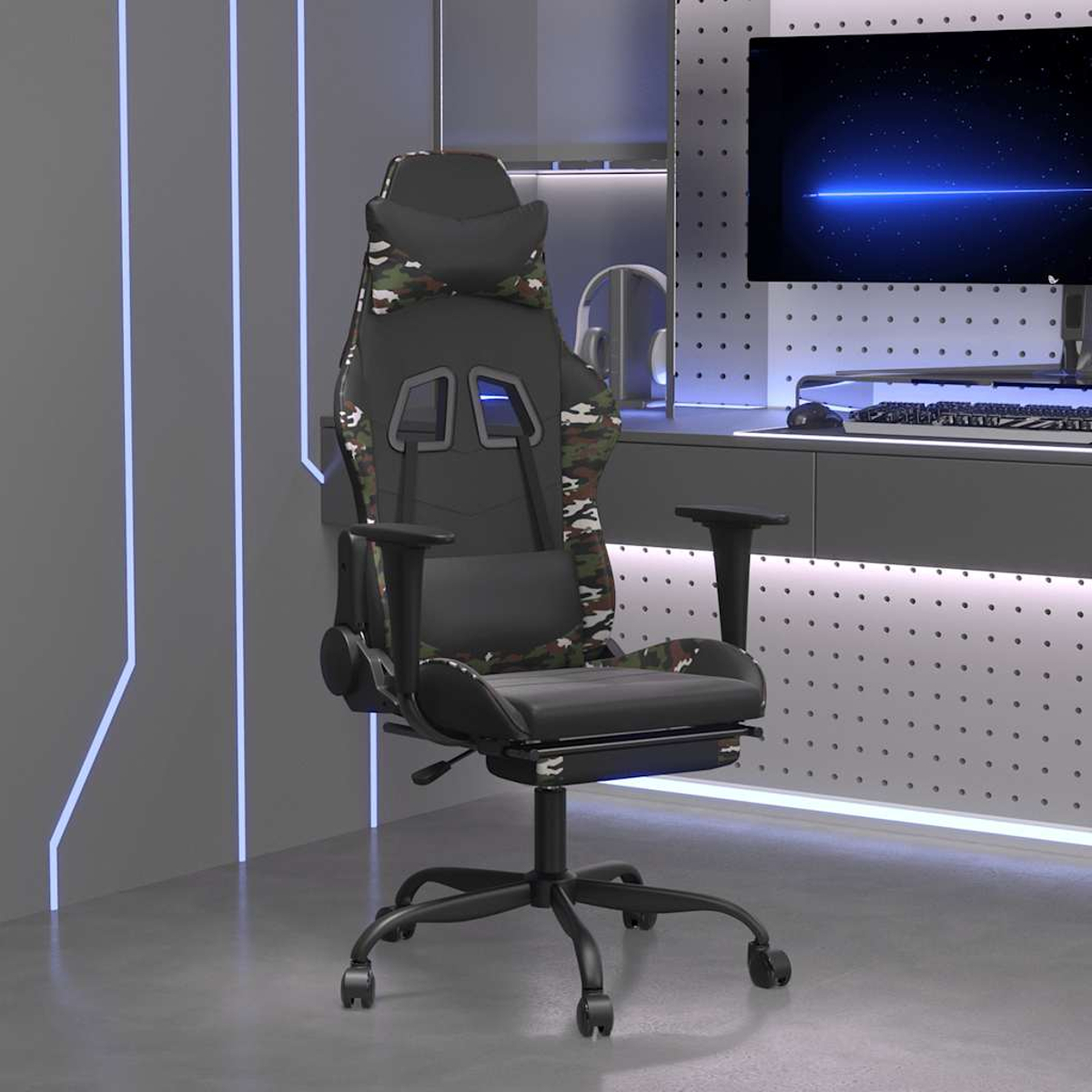 Ein Gaming-Stuhl mit Tarnmuster und schwarzem Leder, mit Fußstütze.