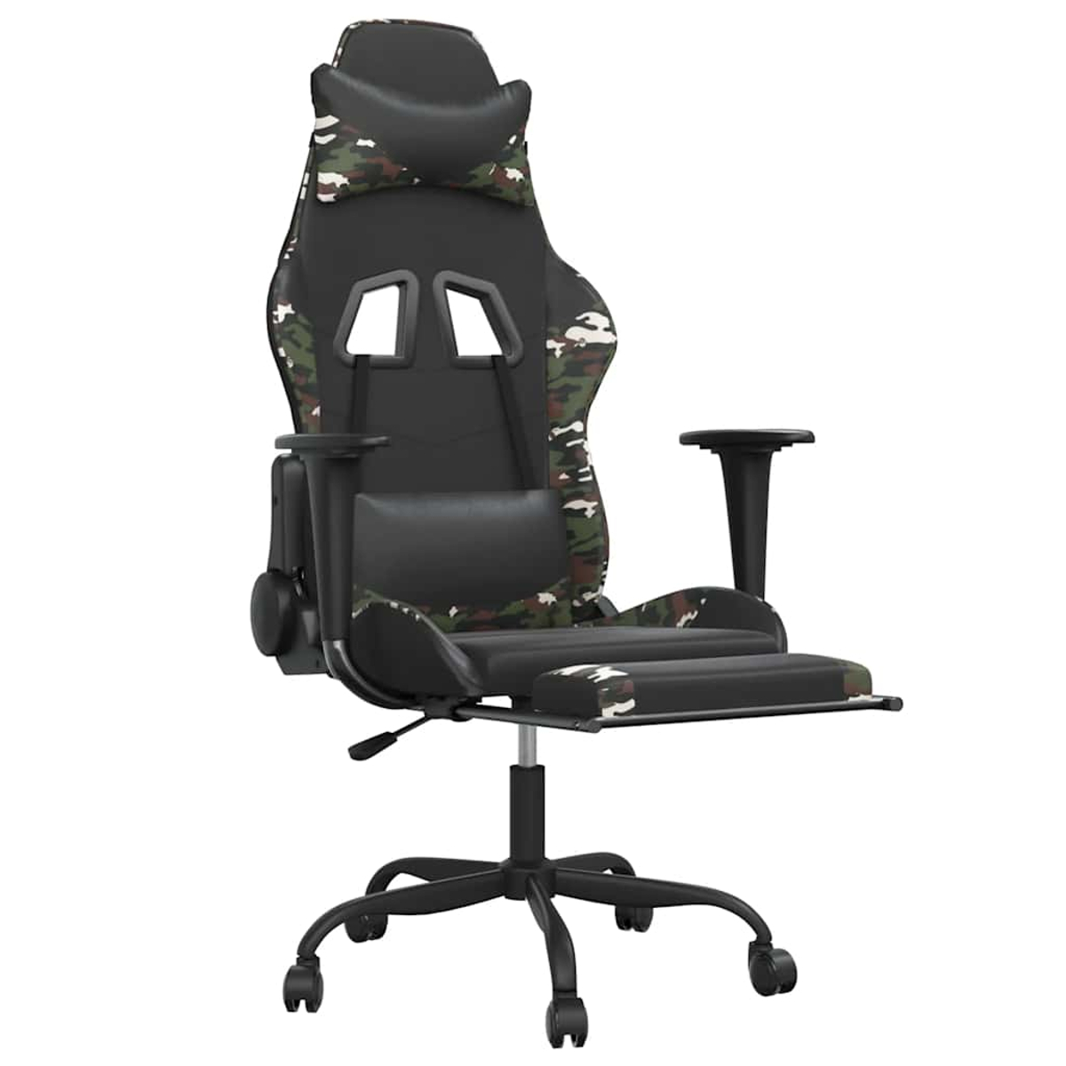 Ein schwarzer Gaming-Stuhl mit Camouflage-Muster und ausziehbarer Fußstütze.
