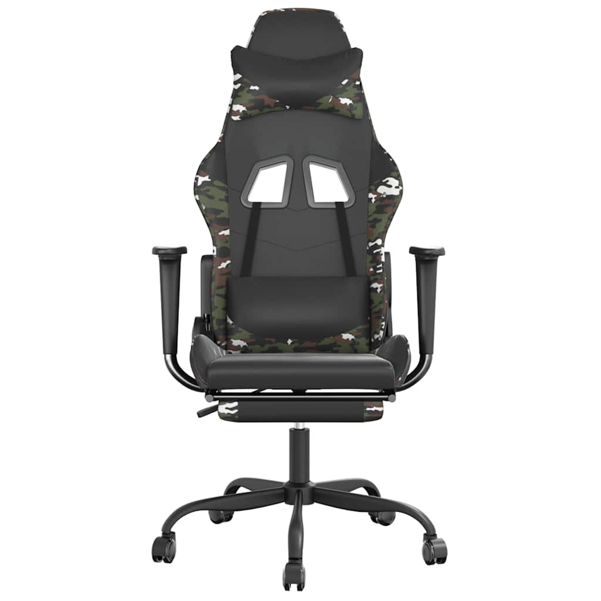 Schwarzer Gaming-Stuhl mit Tarnmuster und verstellbaren Armlehnen auf Rädern.
