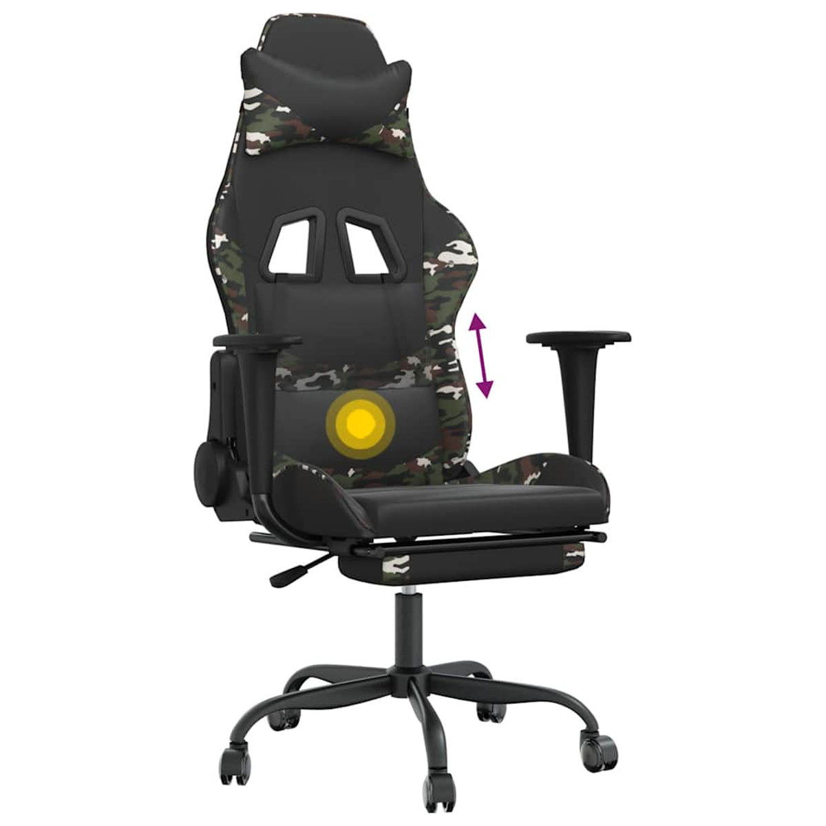 Ein schwarzer Gaming-Stuhl mit Tarnmuster, verstellbare Armlehnen und Fußstütze.