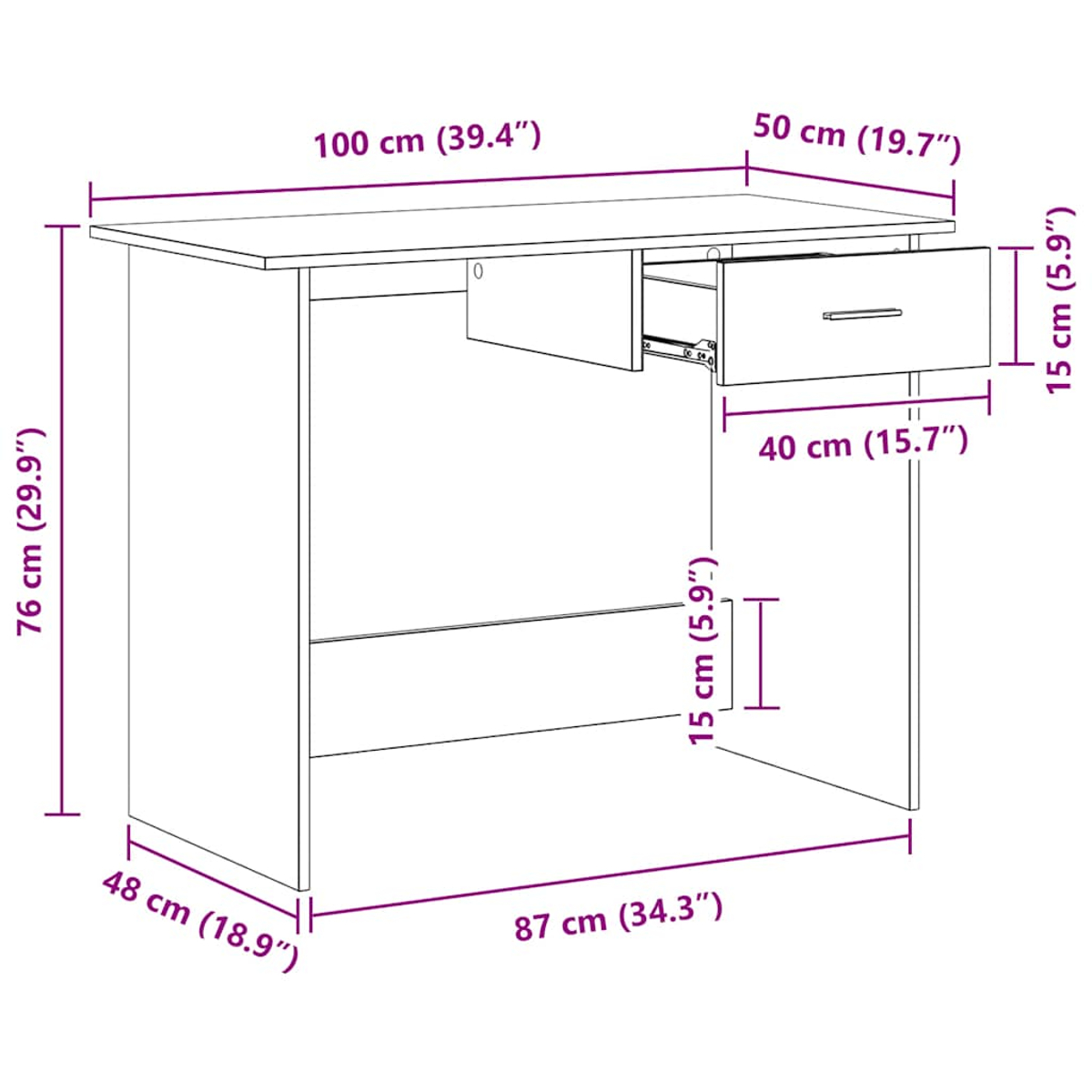 Zeichnung eines Schreibtisches mit Maßen: 100x48x76 cm, Schubladenmaße 40x15x15 cm.