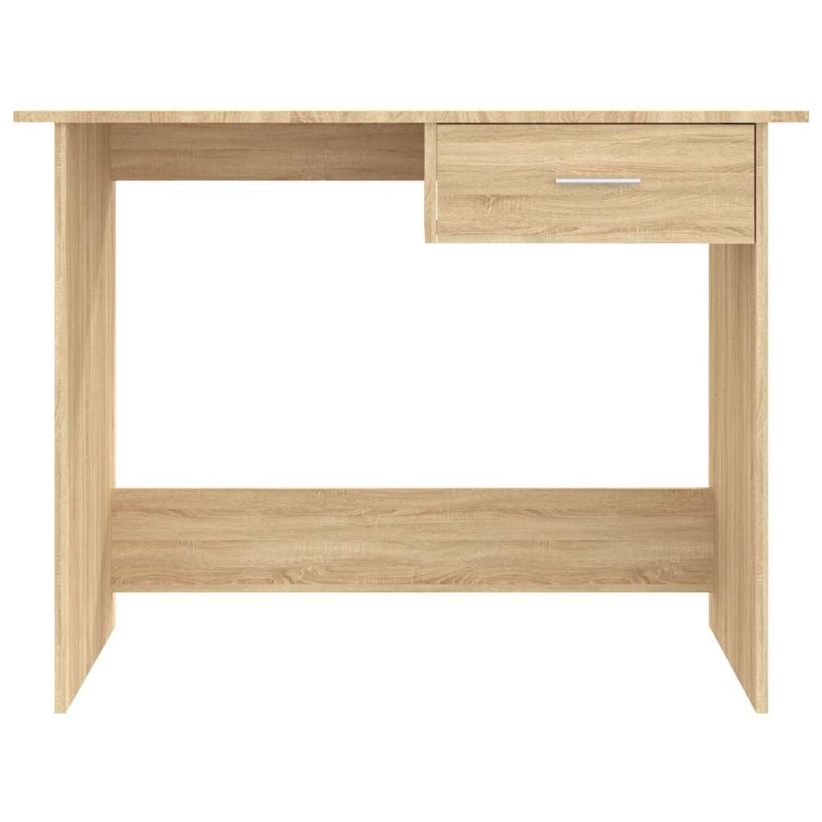 Ein heller Holztisch mit einer Schublade und einem offenen Fach.