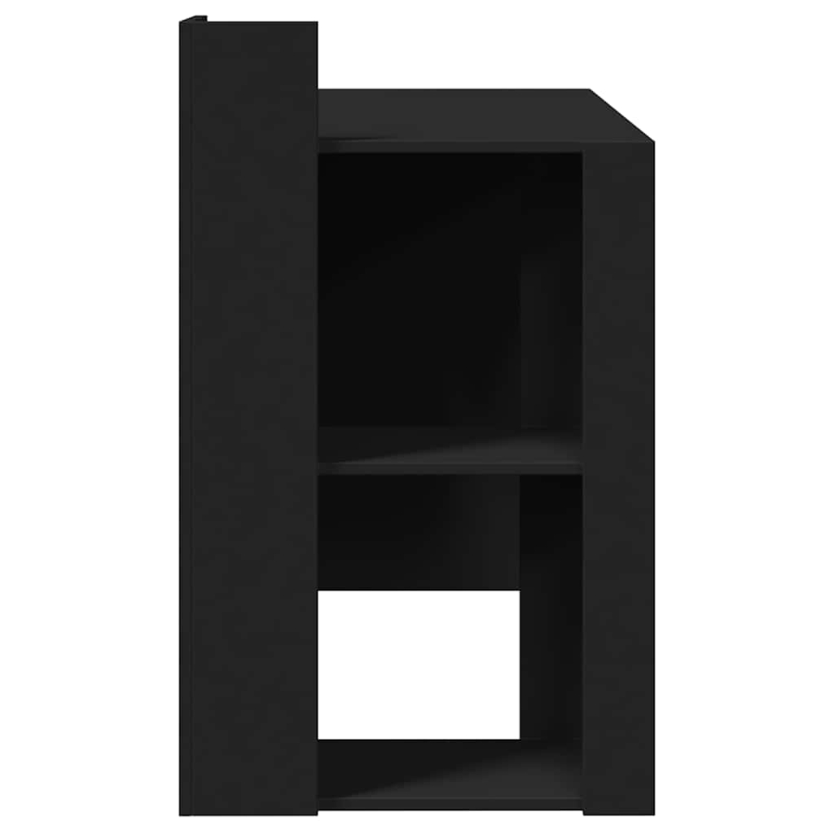 Ein schwarzes, modernes Regal mit zwei offenen Fächern.