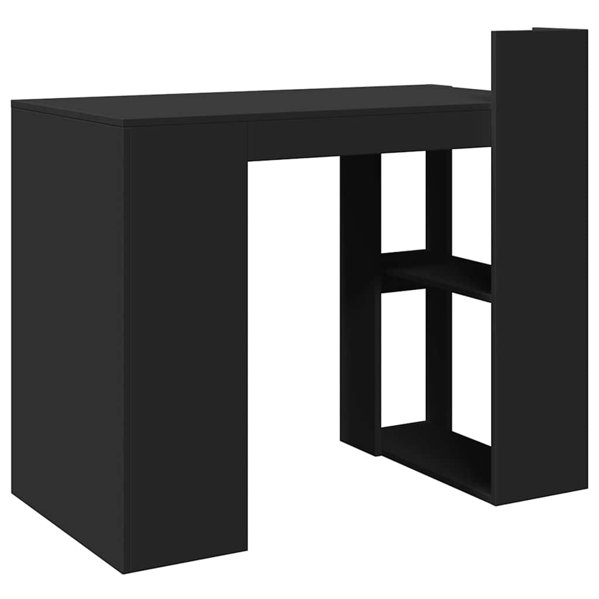 Ein schwarzer Schreibtisch mit integriertem Regal. Minimalistisches Design.