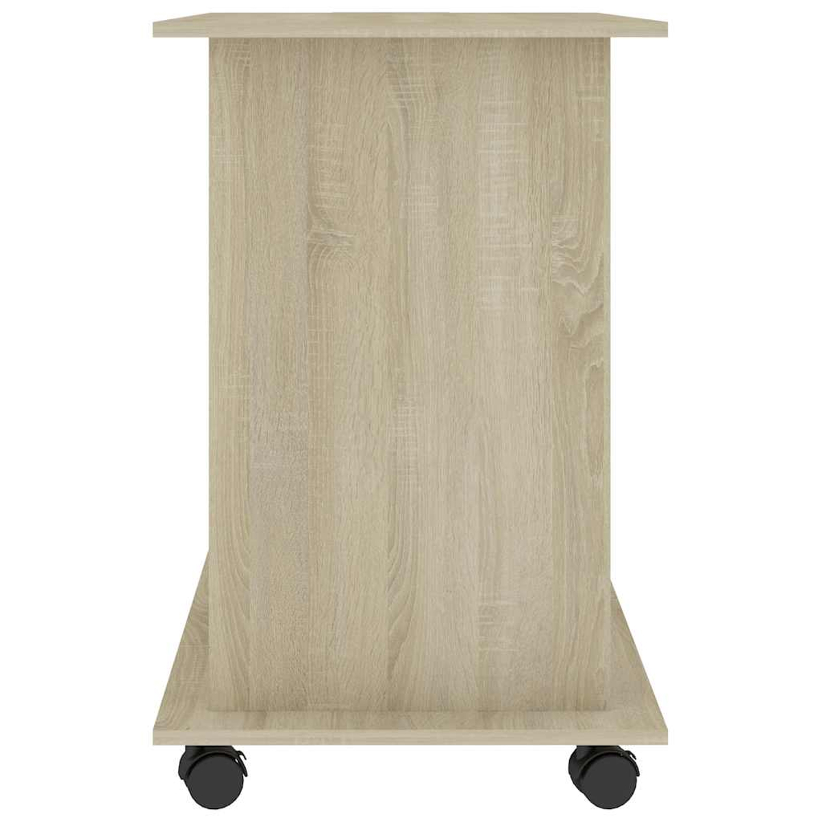 Ein heller Holzschrank auf Rädern, von der Seite gesehen.