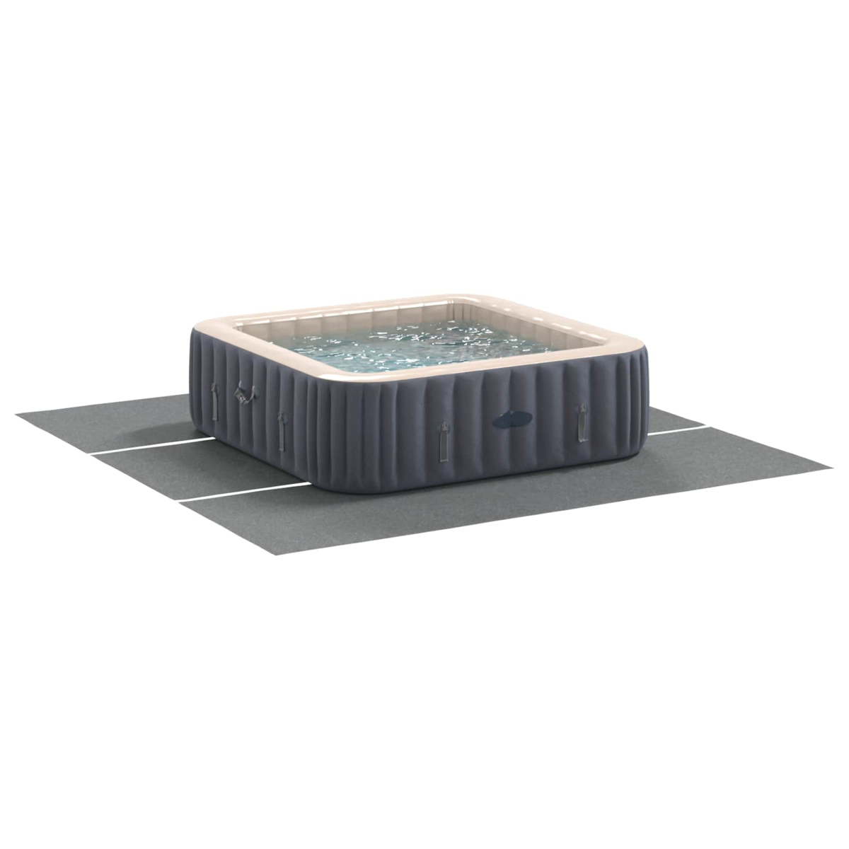 Aufblasbarer Whirlpool mit Wasser gefüllt, auf einer grauen Matte.