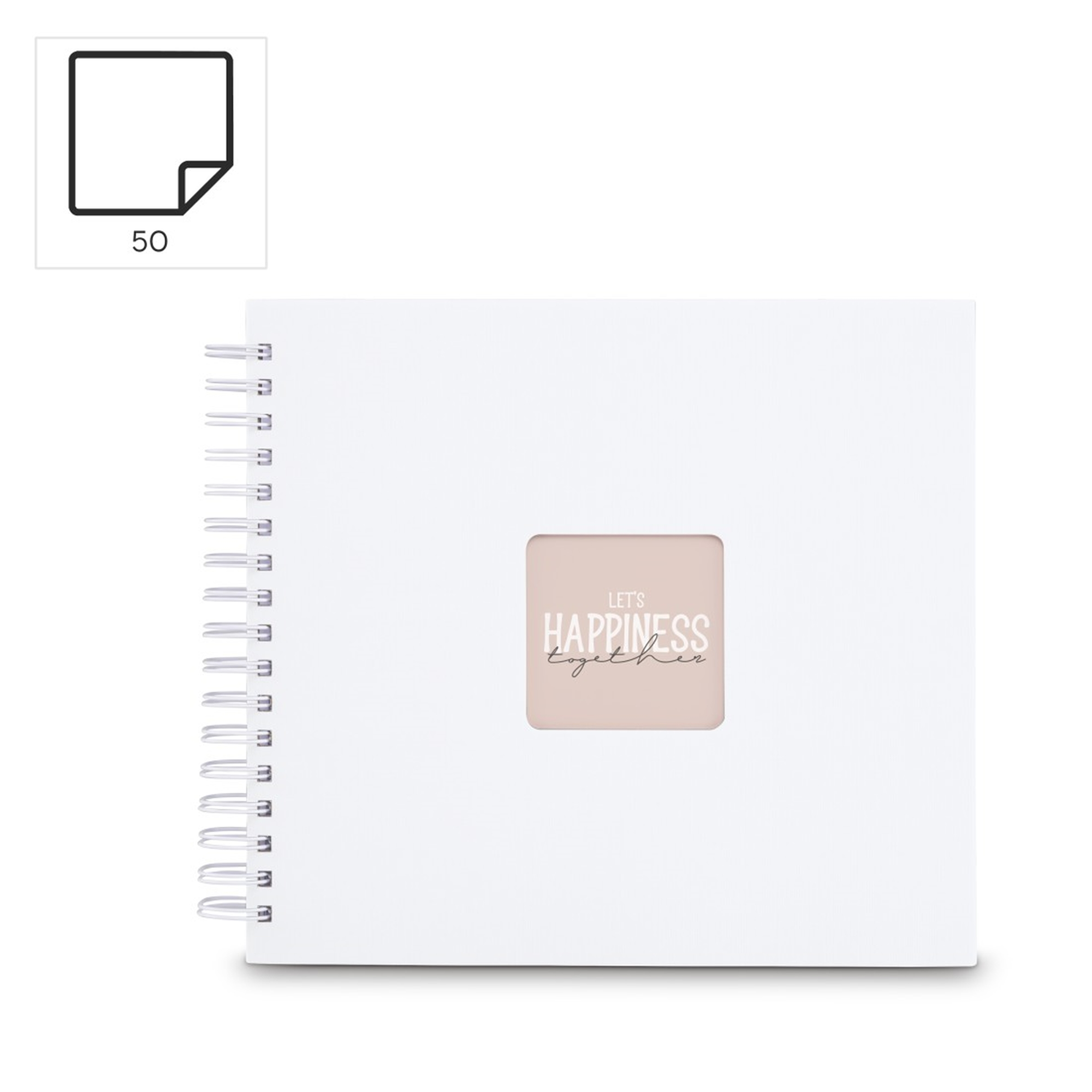 Biały notes bindowany spiralą z napisem „Let’s Happiness Together”.