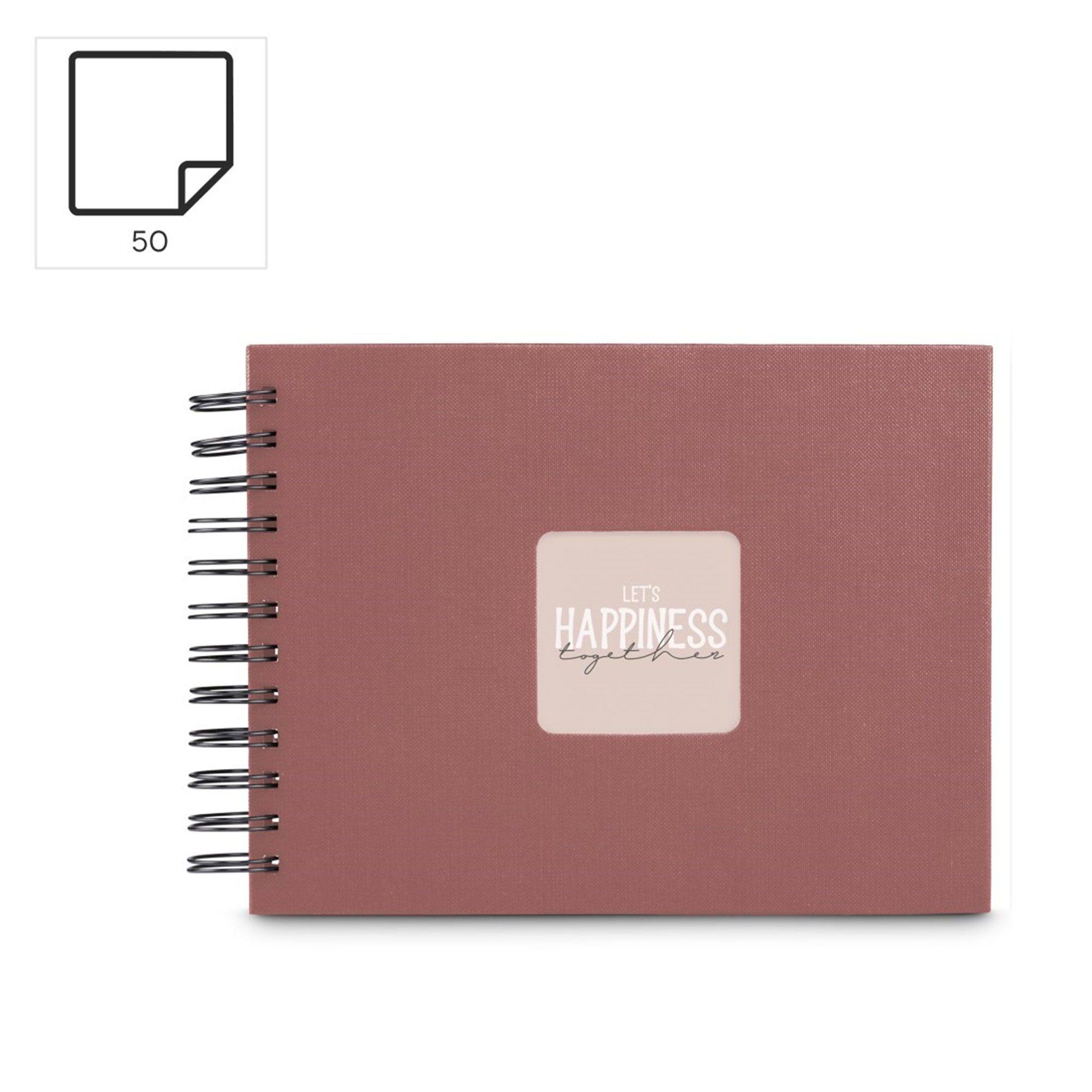 Różowo-czerwony notatnik bindowany spiralnie z napisem 'Let's Happiness Together'.