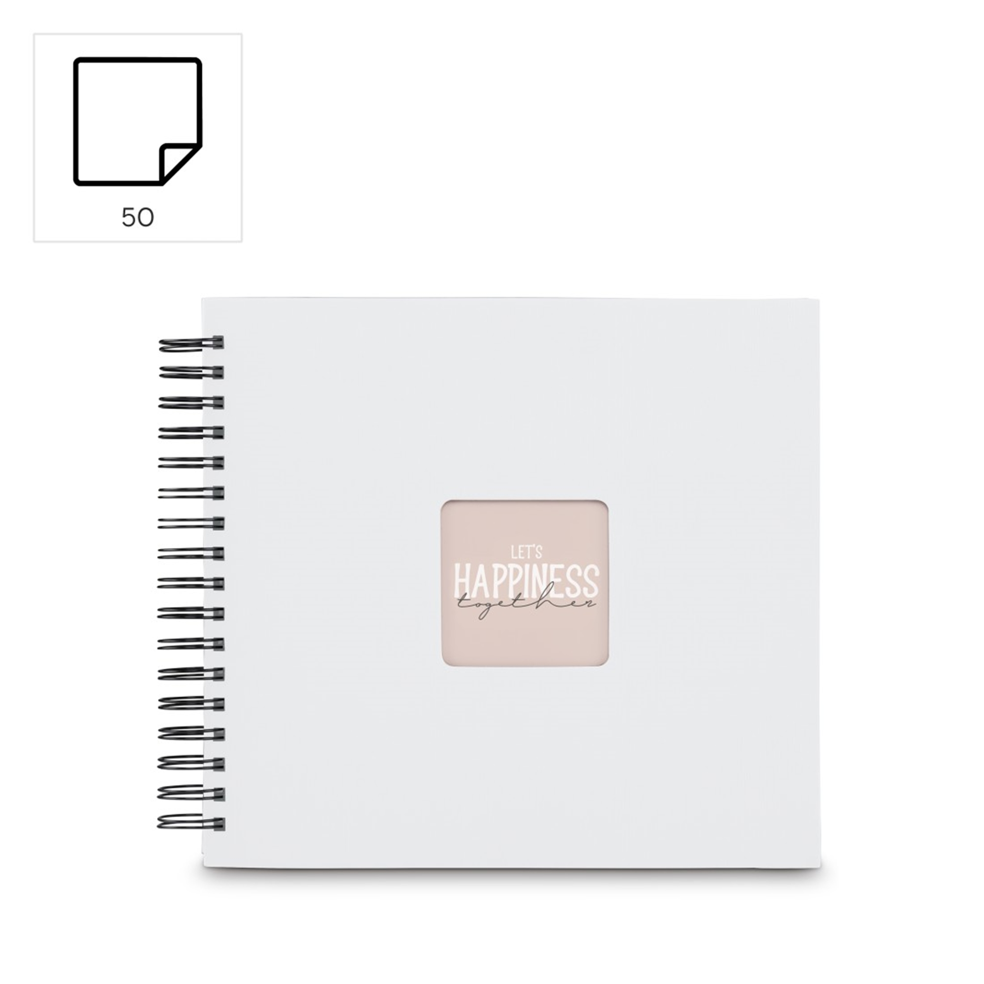 Biały notatnik bindowany spiralą z napisem „Let's Happiness Together”.