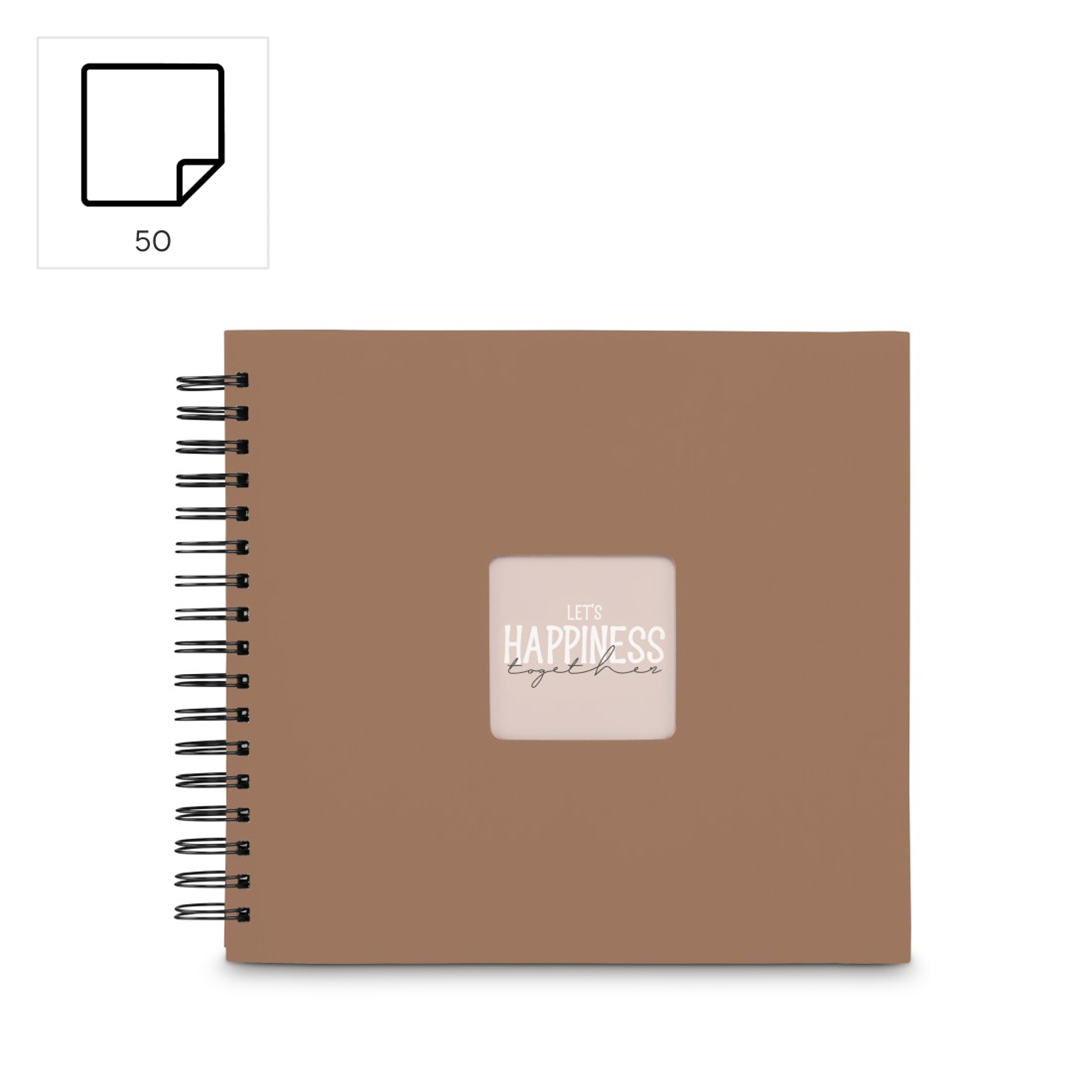 Brązowy notatnik spiralny z okienkiem i tekstem.