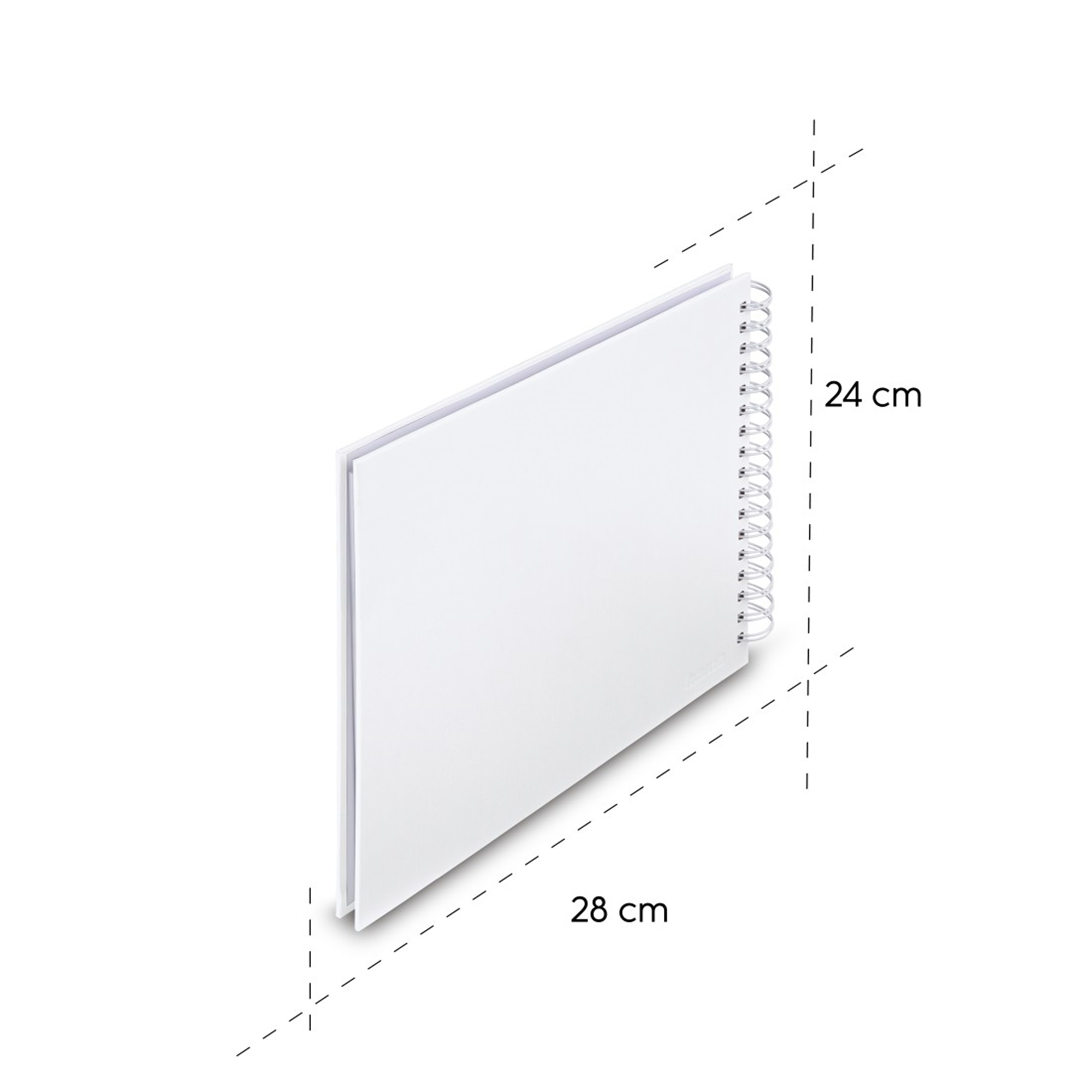 Biały szkicownik bindowany spiralą, wymiary 28x24 cm.