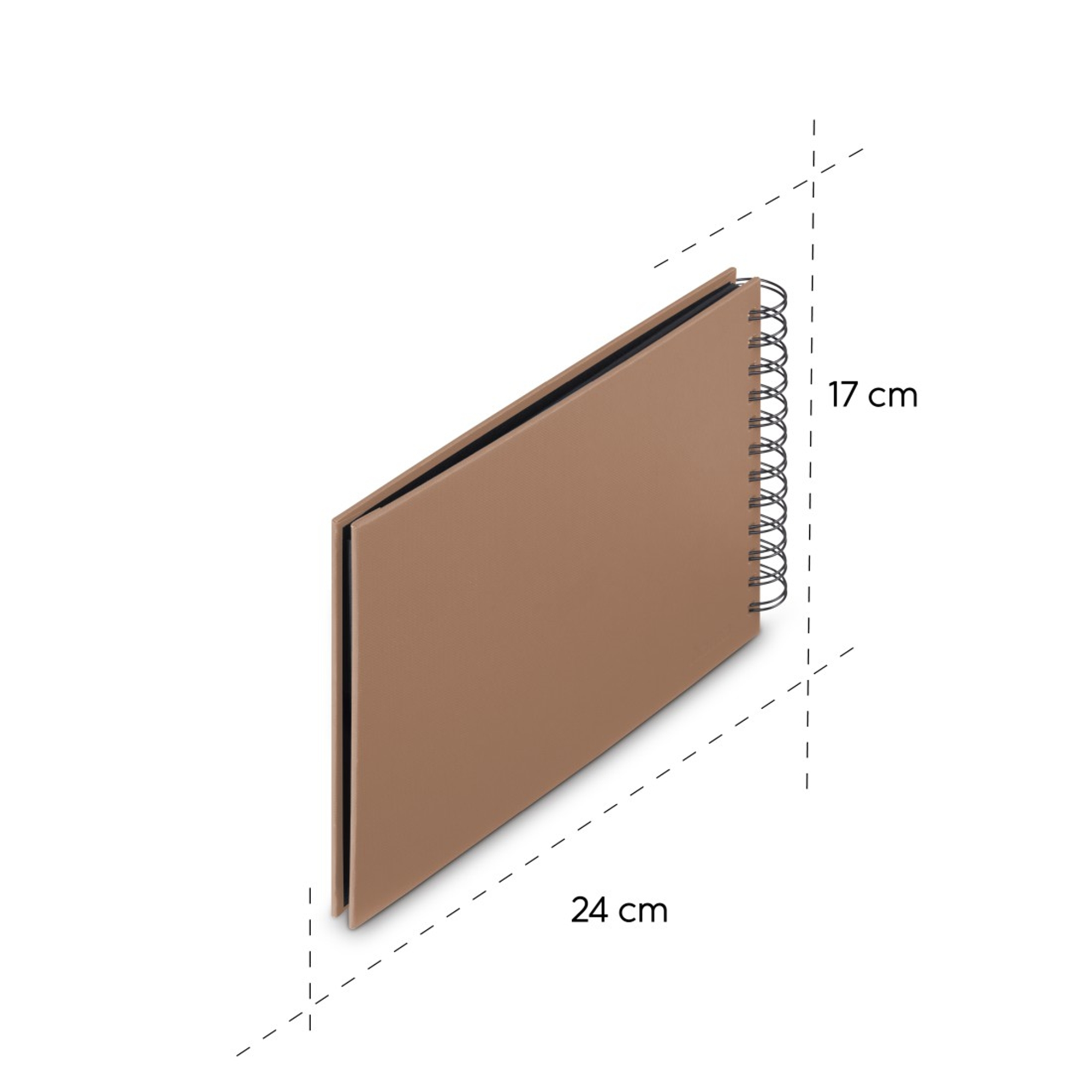 Brązowy notatnik spiralny o wymiarach 17x24 cm.