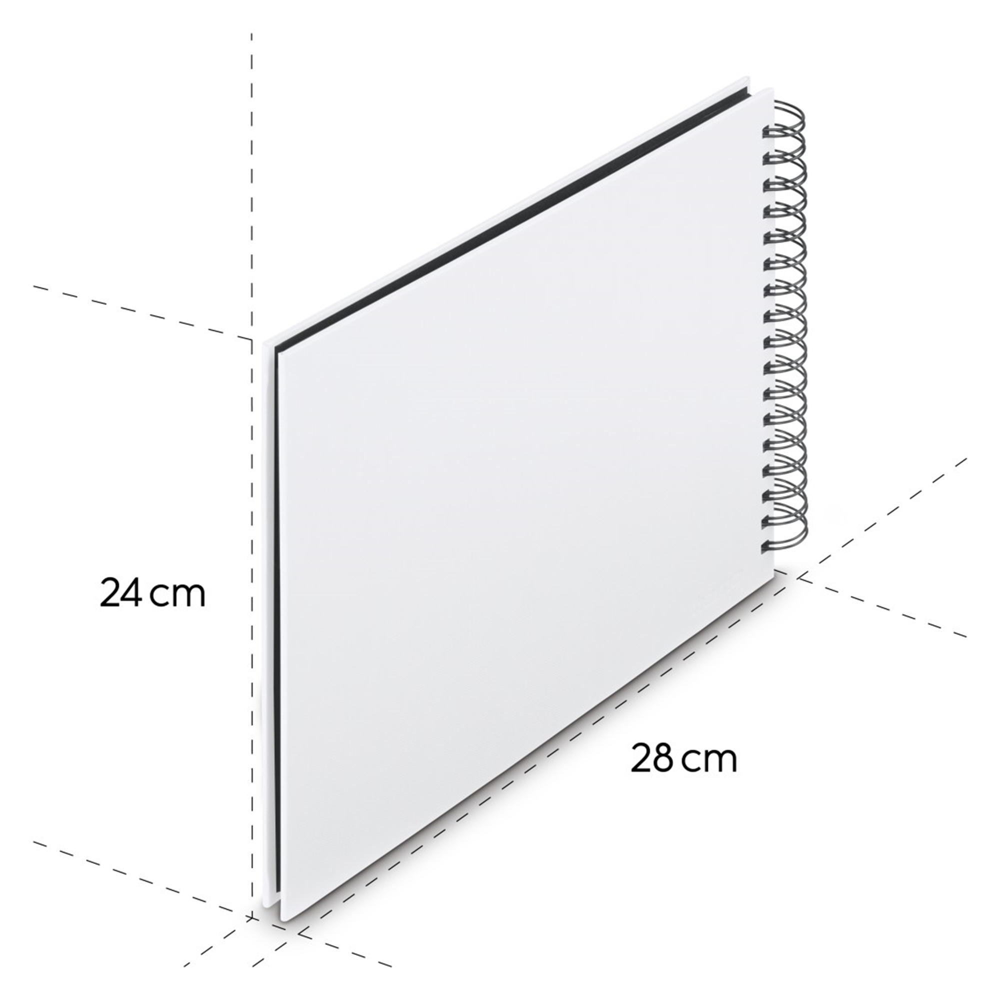 Otwarty notatnik spiralny, 24x28 cm, białe strony.