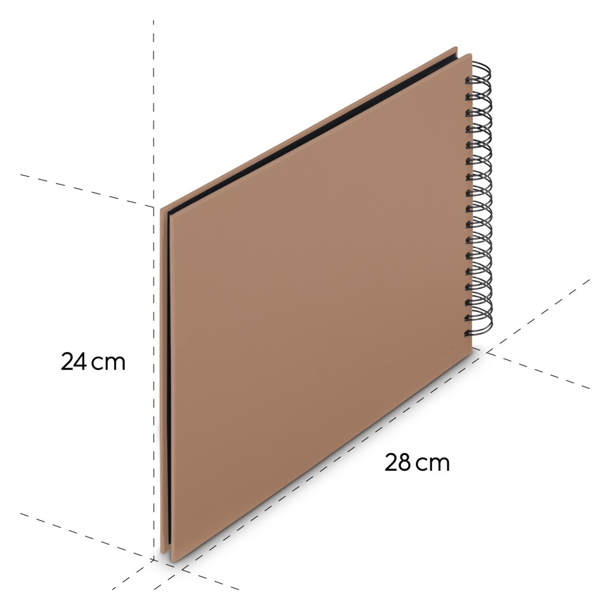 Brązowy notatnik spiralny, 24x28 cm, na białym tle.