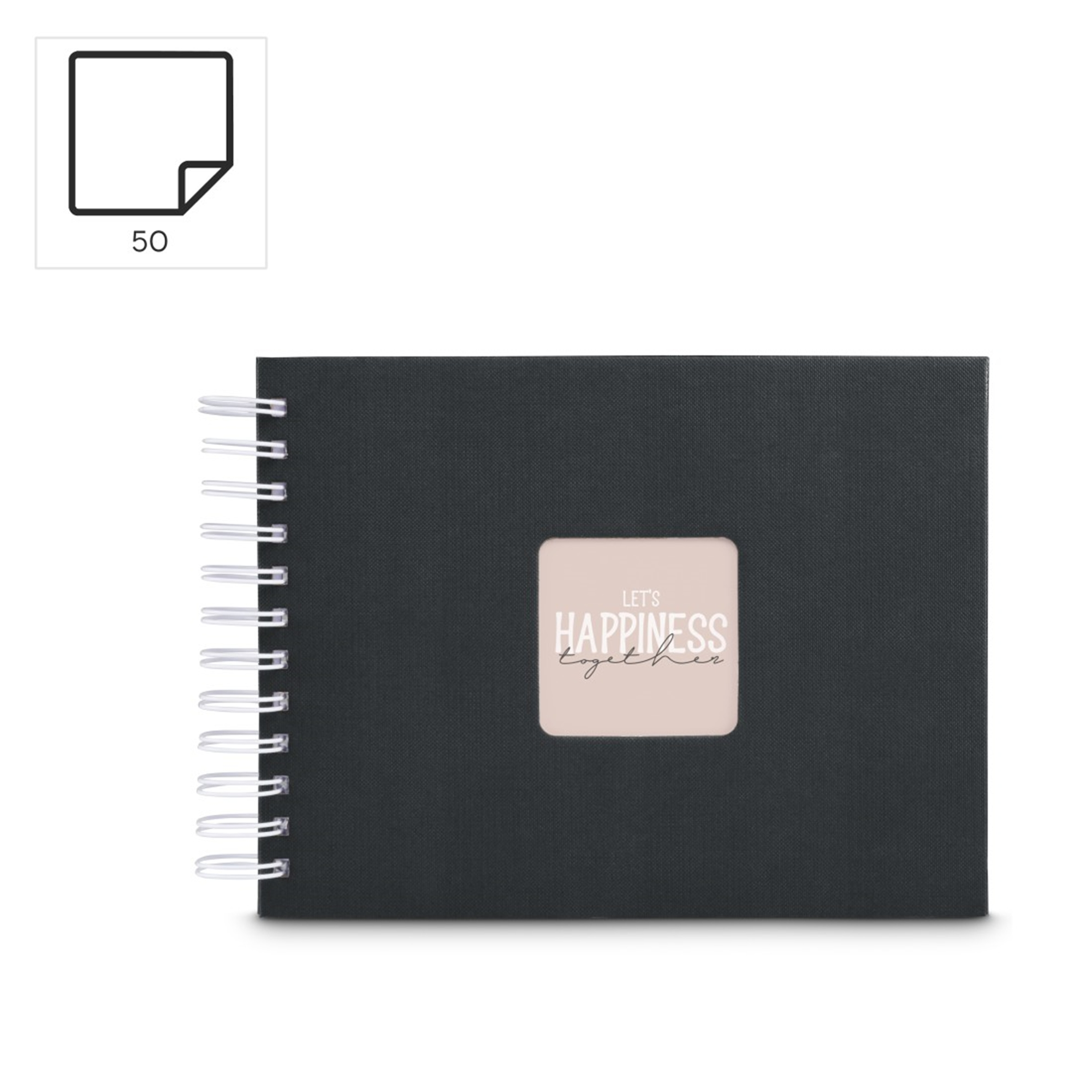 Czarny notatnik spiralny z wycięciem na tekst.