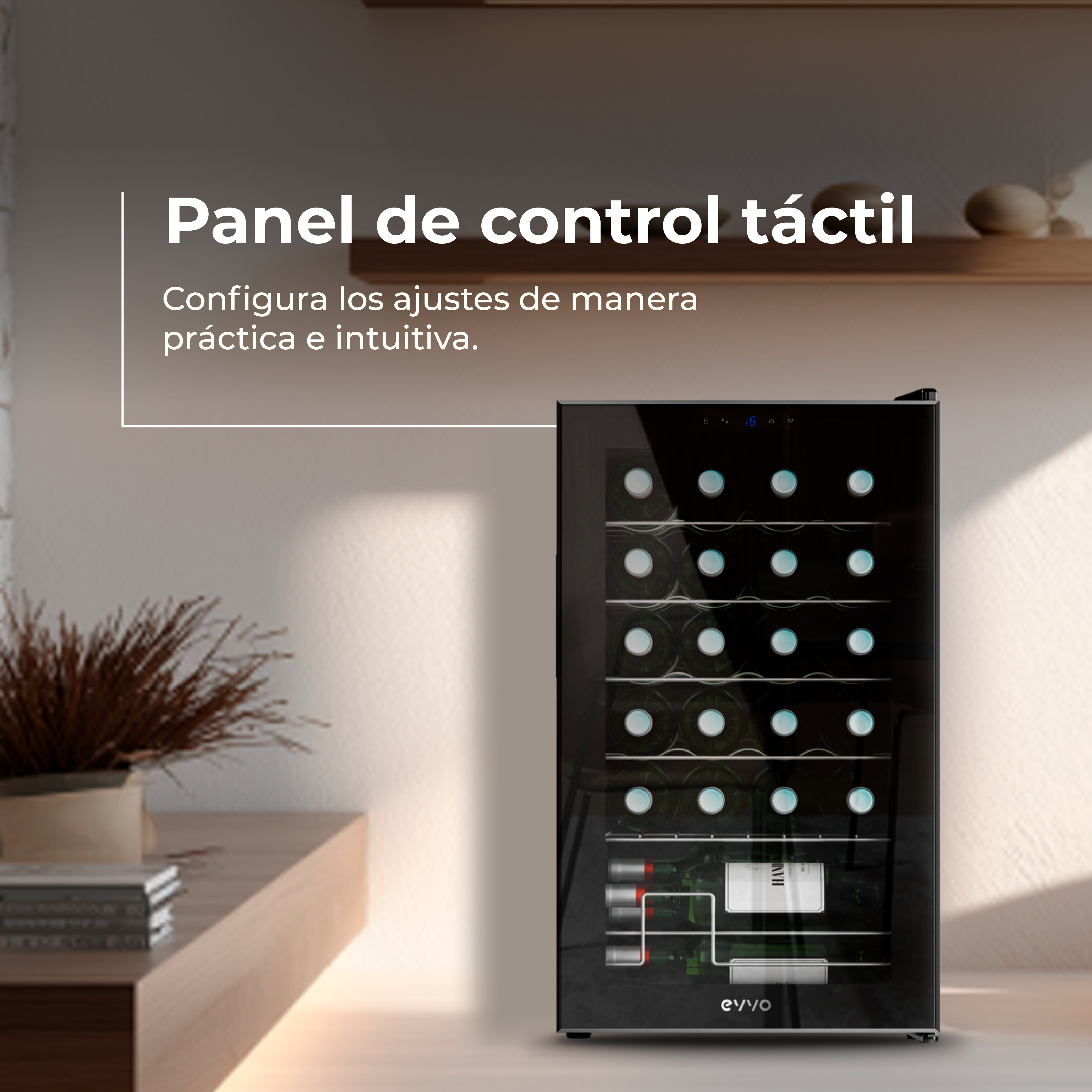 Un frigorifero per vino nero con pannello di controllo touch screen e diverse bottiglie all'interno.