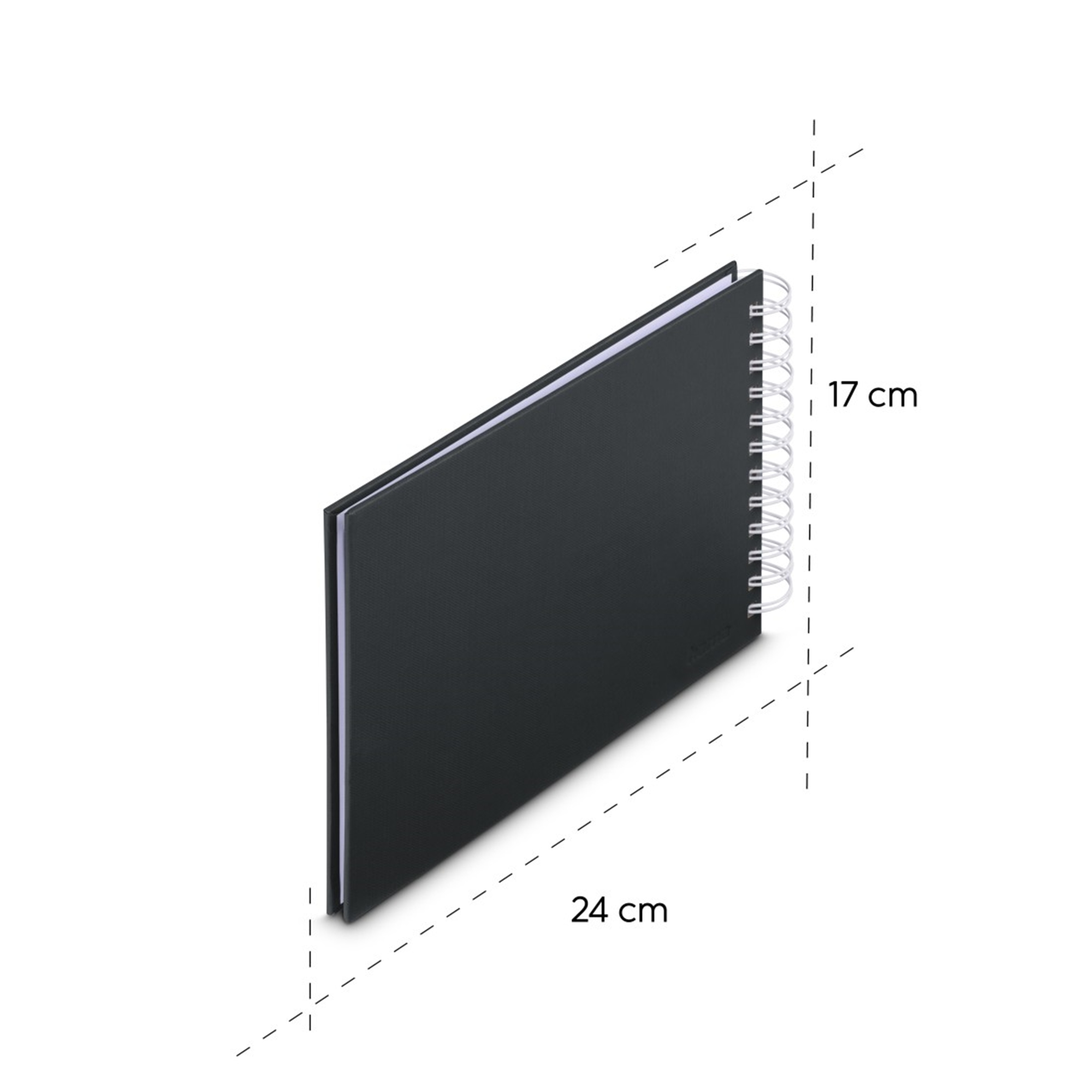 Czarny notatnik spiralny, 24x17 cm, z wymiarami.
