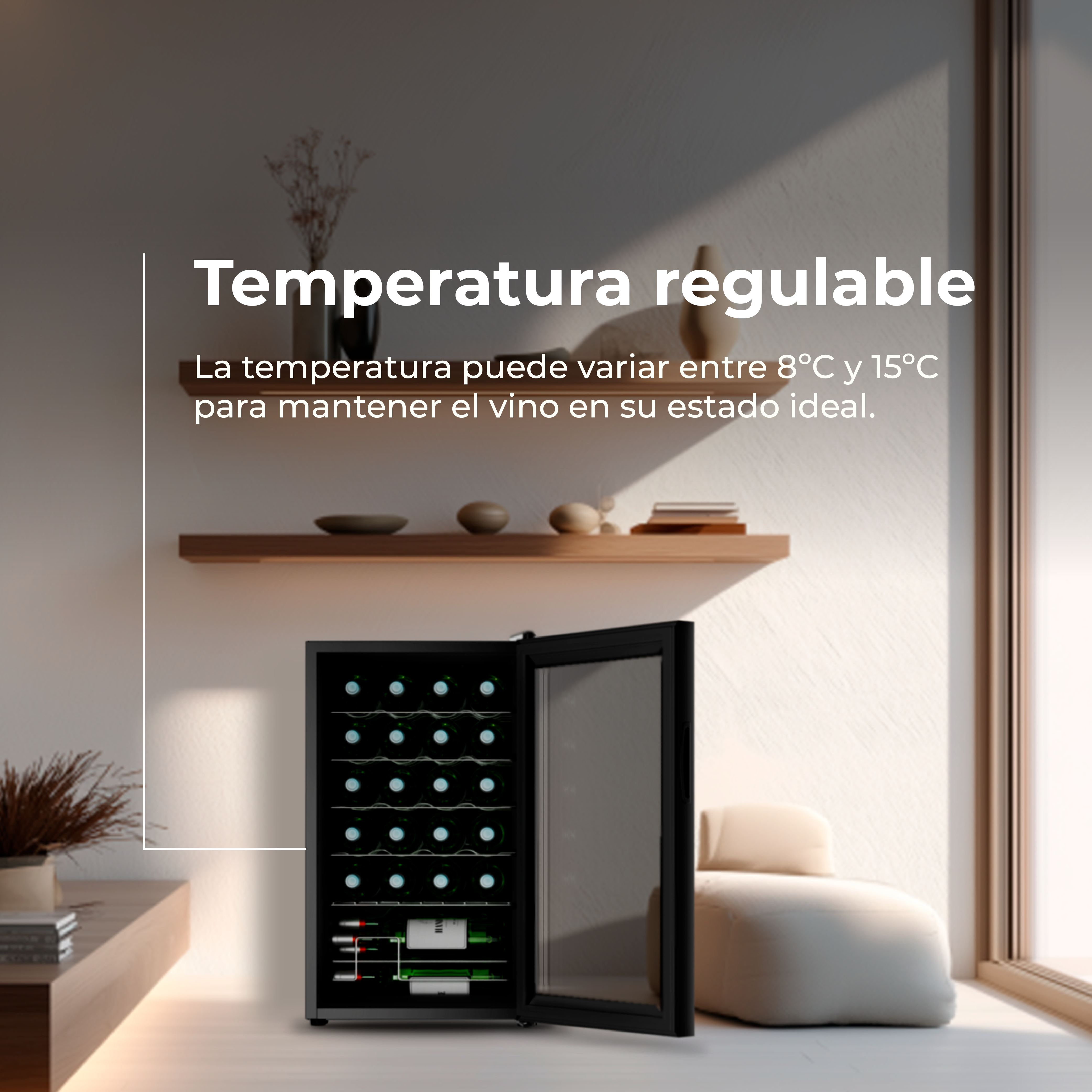 Un refrigeratore per vino nero con porte aperte, pieno di bottiglie di vino.