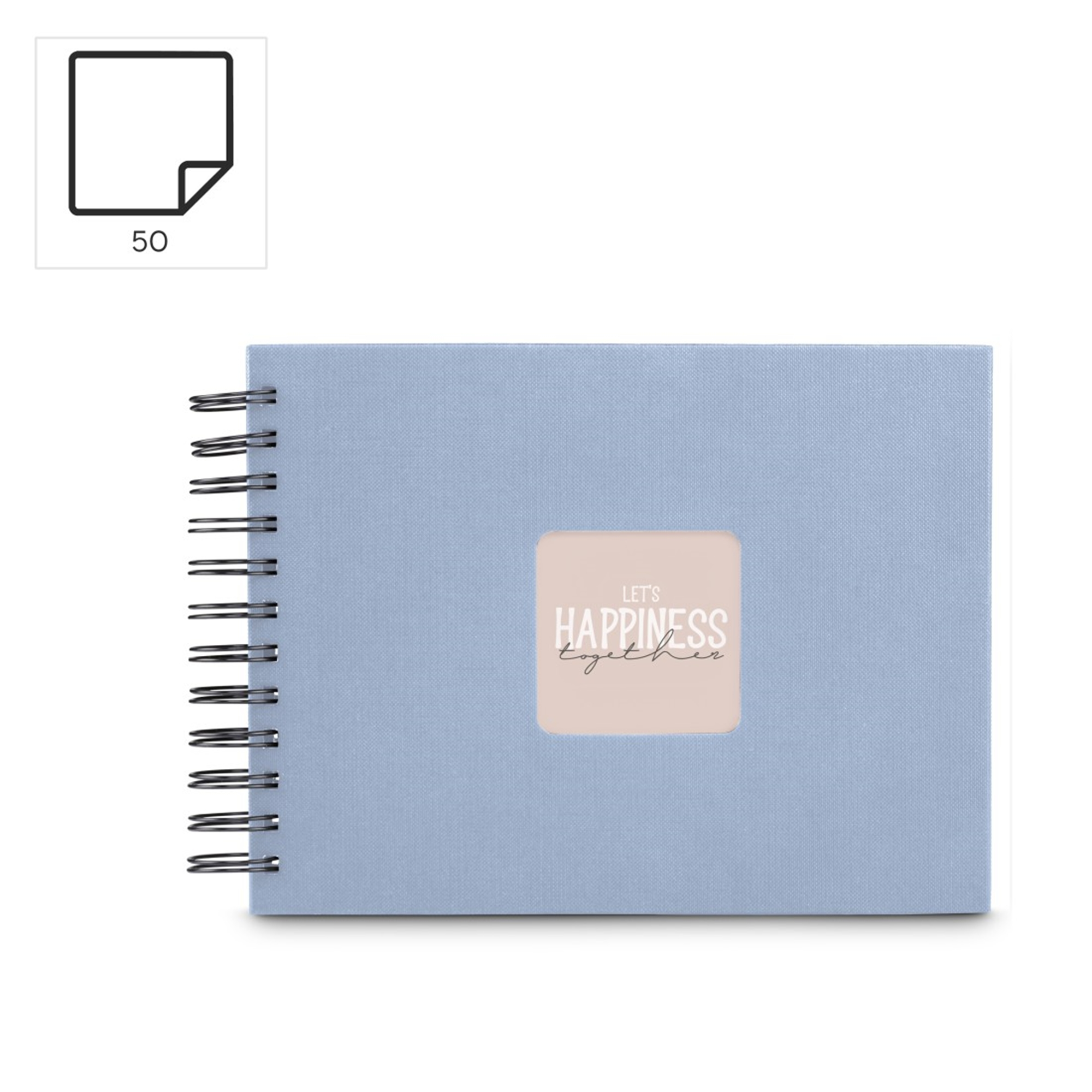 Jasnoniebieski notatnik b spiralą z napisem "Let's Happiness Together".