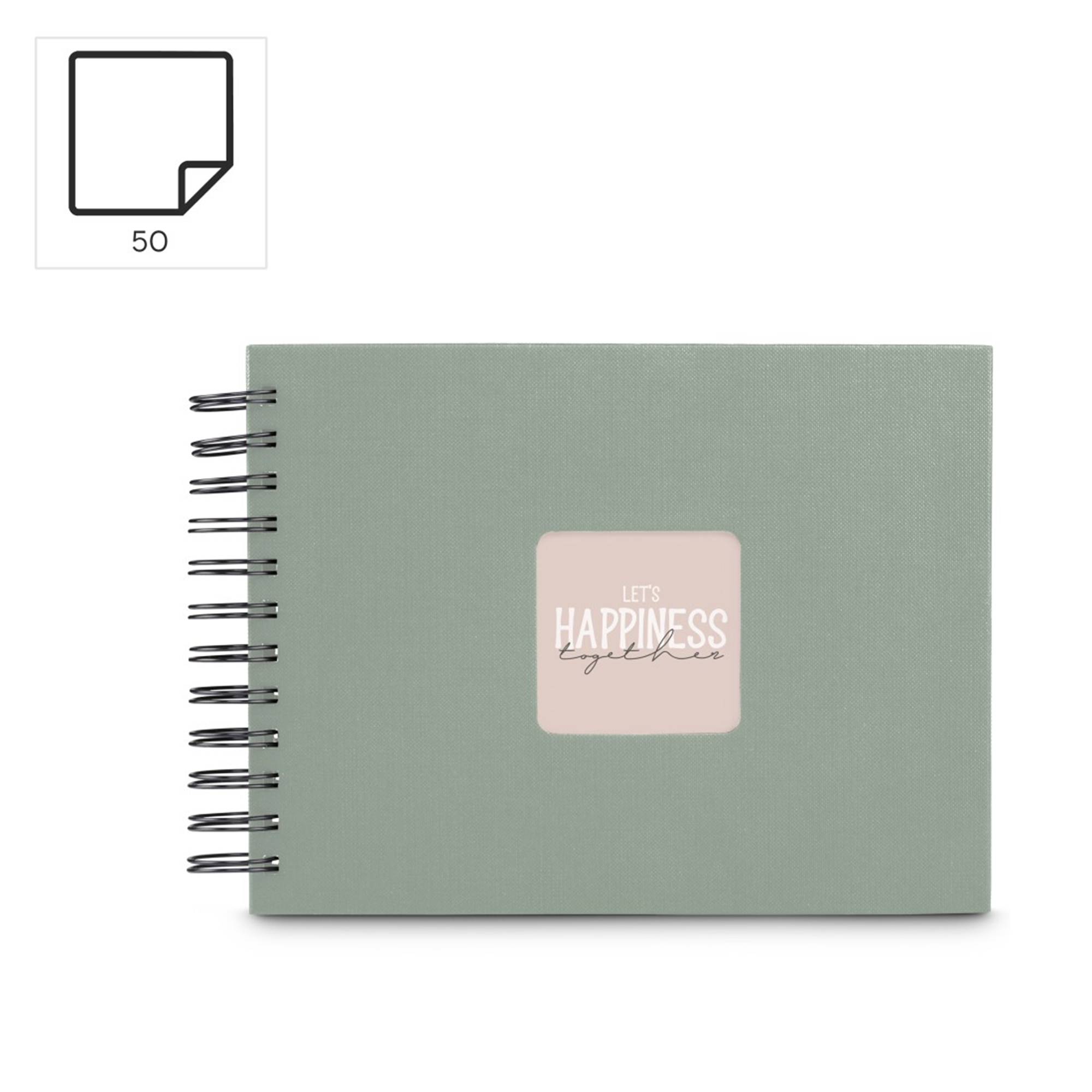 Zielony notatnik bindowany spiralą, z napisem 'Let's Happiness Together'.