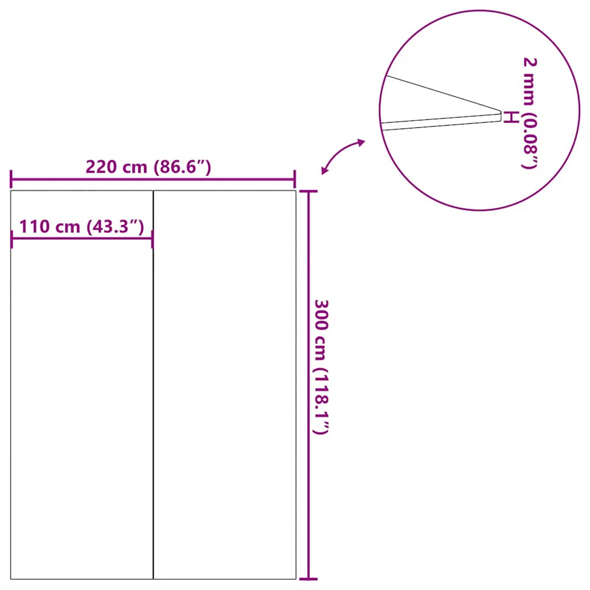 Maße eines weißen Rechtecks: 220x300cm, 110cm Breiten, 2mm Dicke.