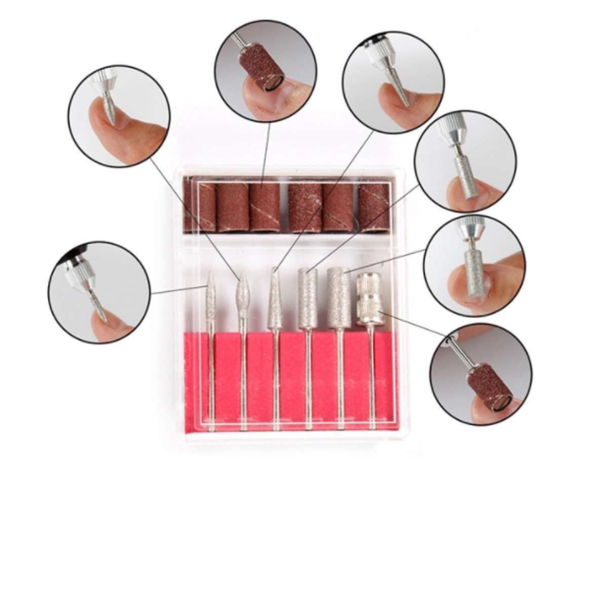 Zestaw frezów do paznokci z taśmami ściernymi w przezroczystym etui.