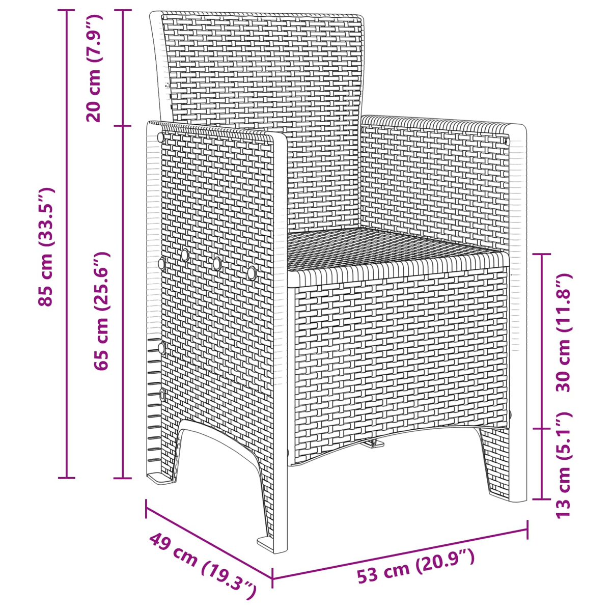 Zeichnung eines Rattan-Sessel mit Maßen in cm und Zoll.
