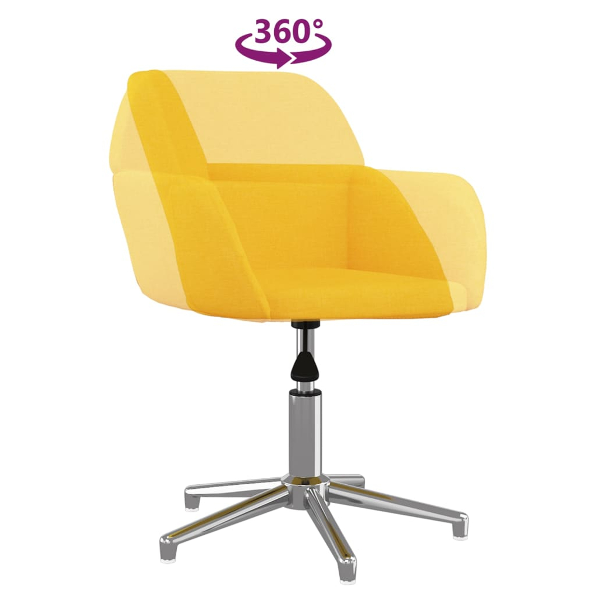 Ein gelber Stoffstuhl mit Chromfuß und 360-Grad-Symbol.