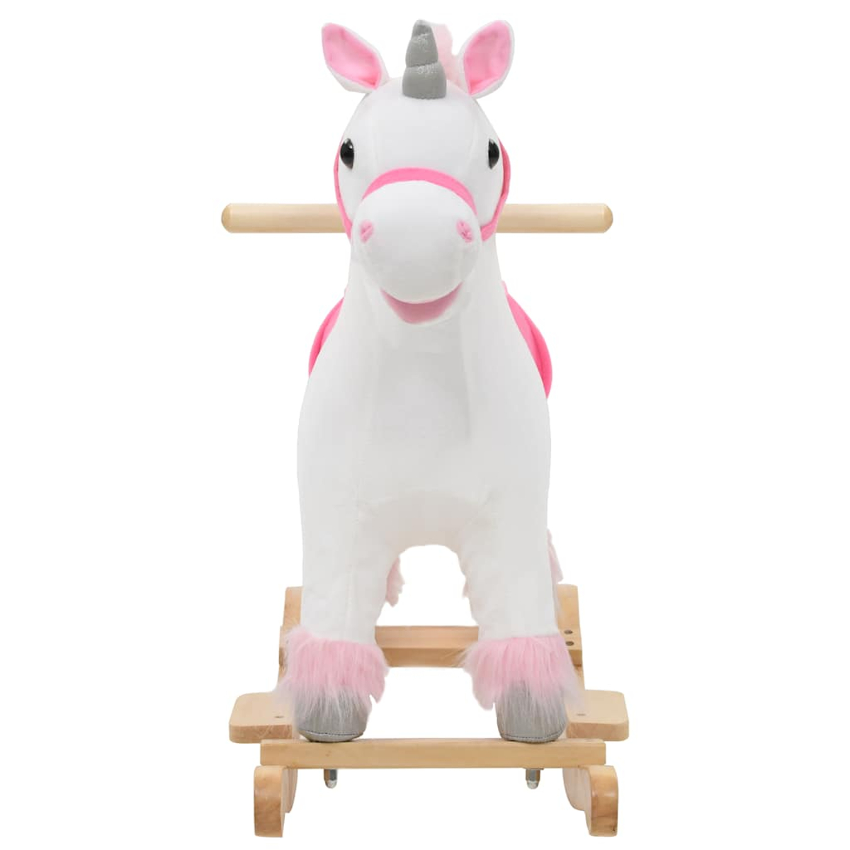 Ein weißes Plüsch-Einhorn mit rosa Mähne und Zaumzeug auf einem Holzwippenstuhl.