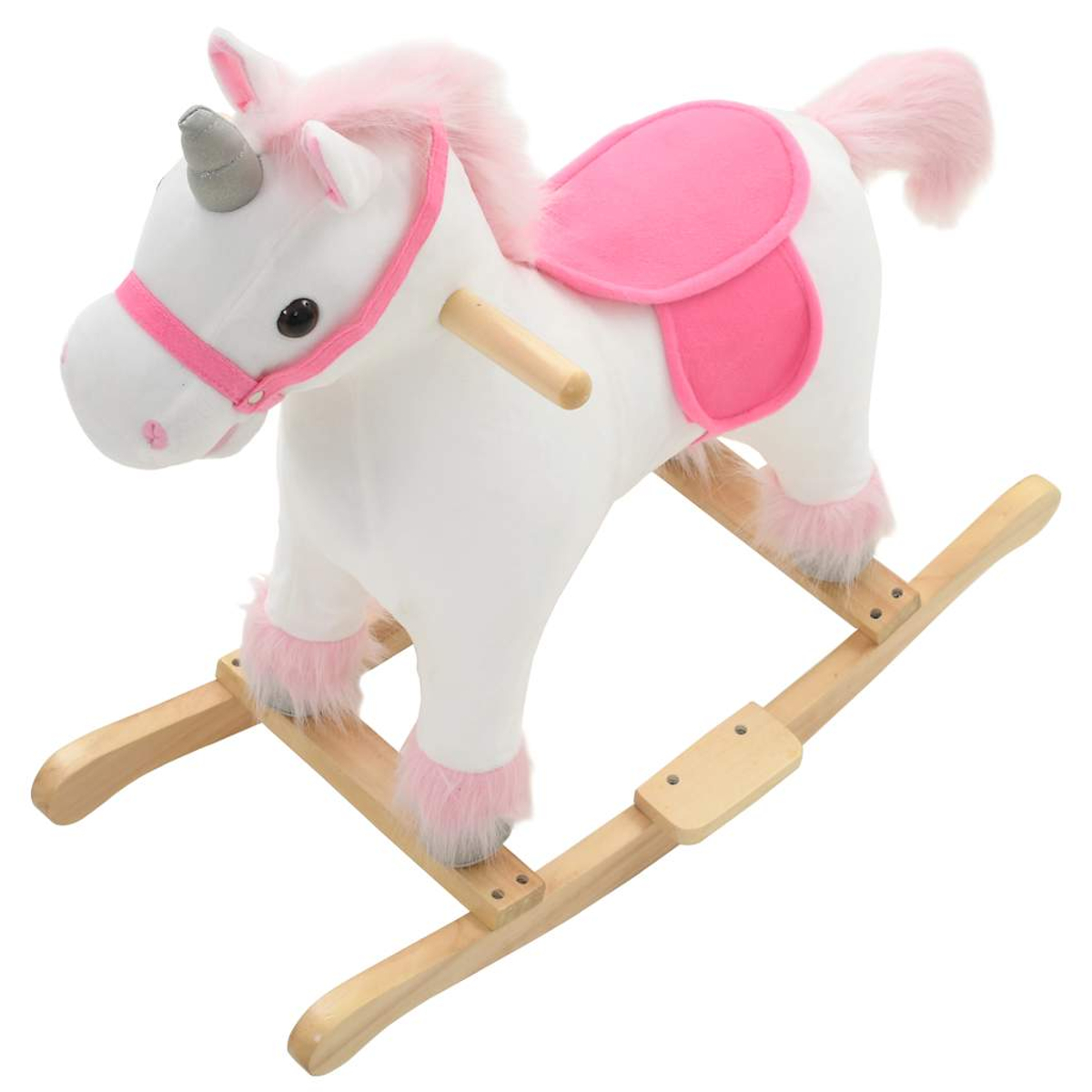 Ein weißes Plüsch-Einhorn-Schaukelpferd mit pinker Mähne und Sattel auf Holzgestell.