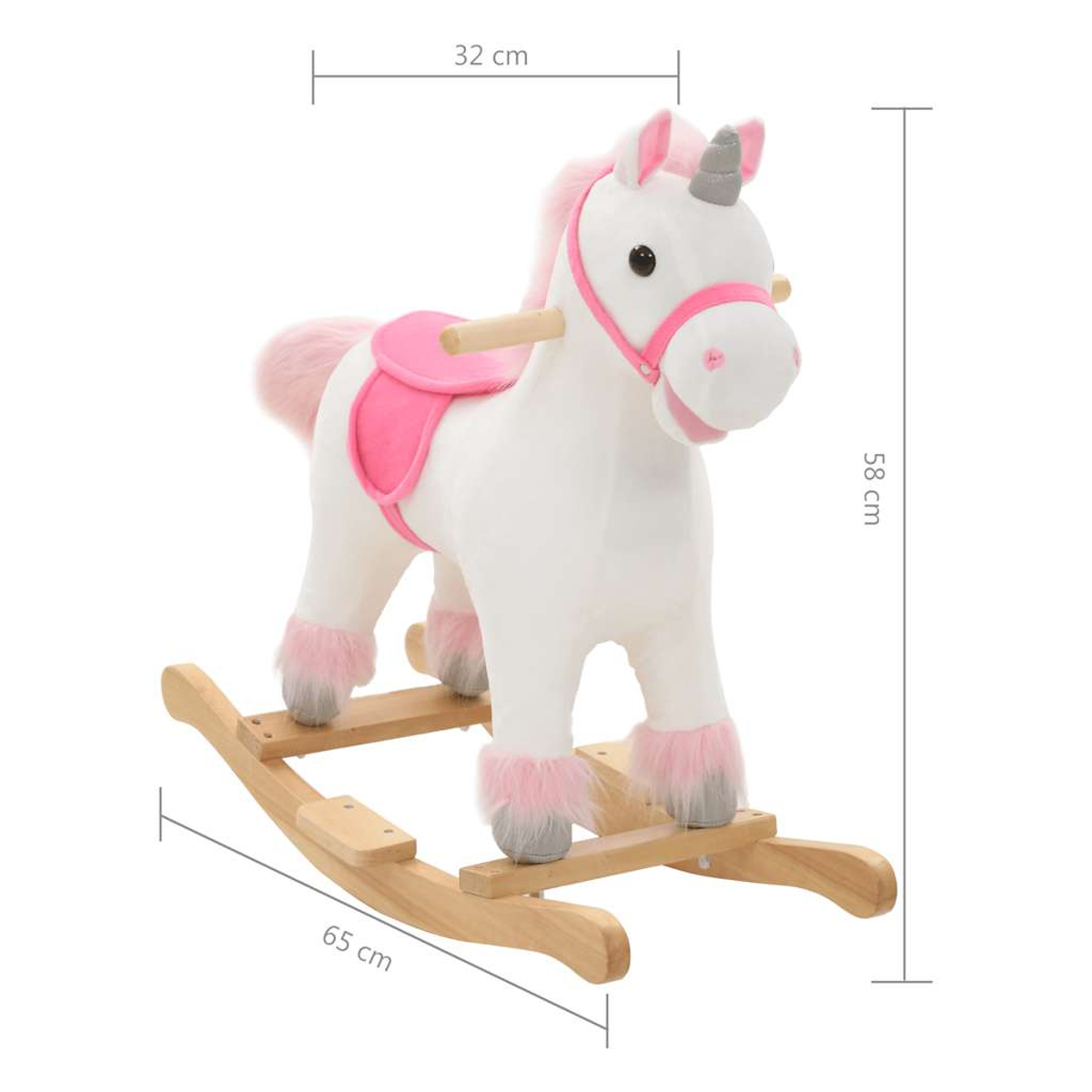Ein weißes Einhorn-Schaukeltier mit rosa Mähne und Sattel auf Holzschaukelkufen.