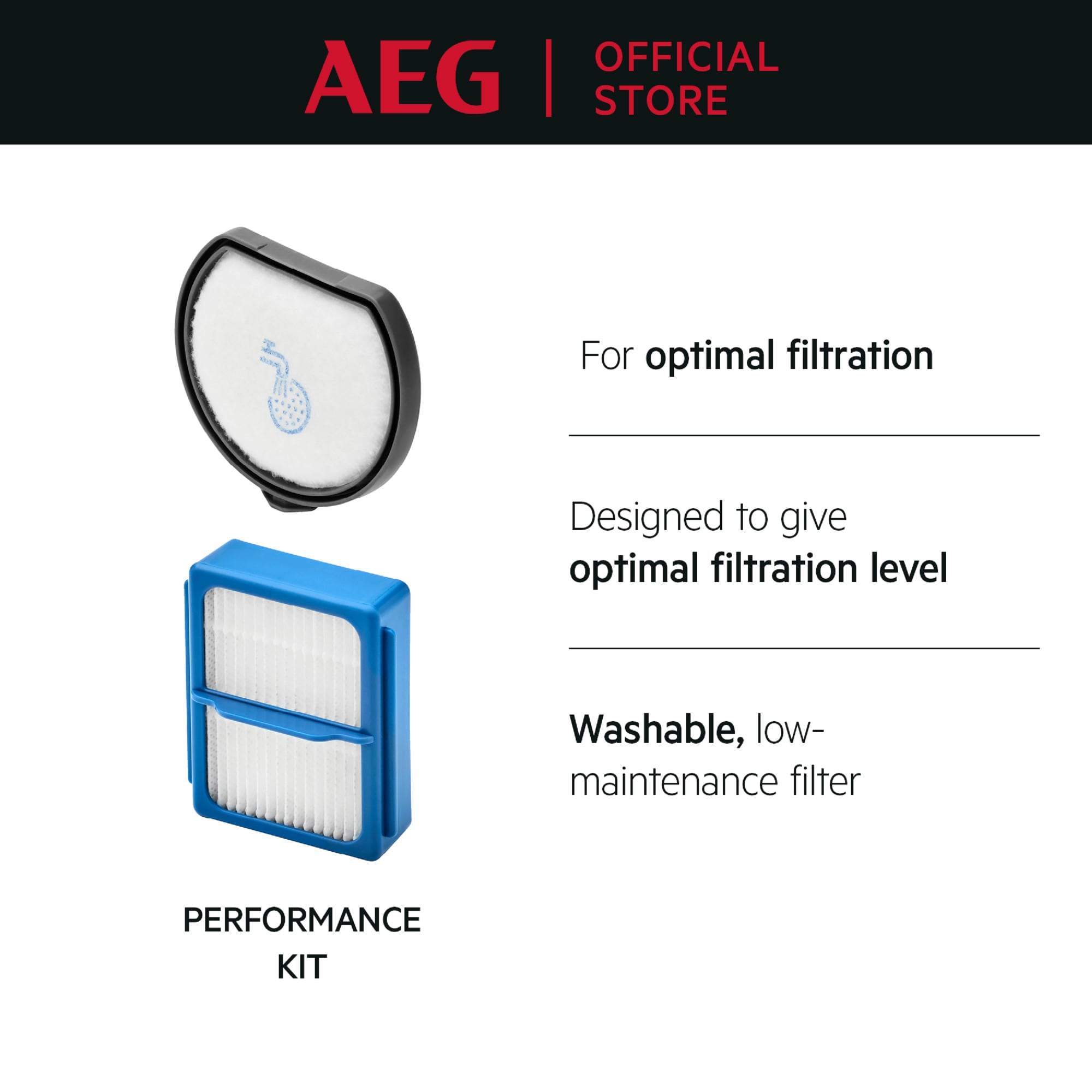 Dos filtros AEG: uno redondo y uno rectangular azul. Texto sobre filtración.
