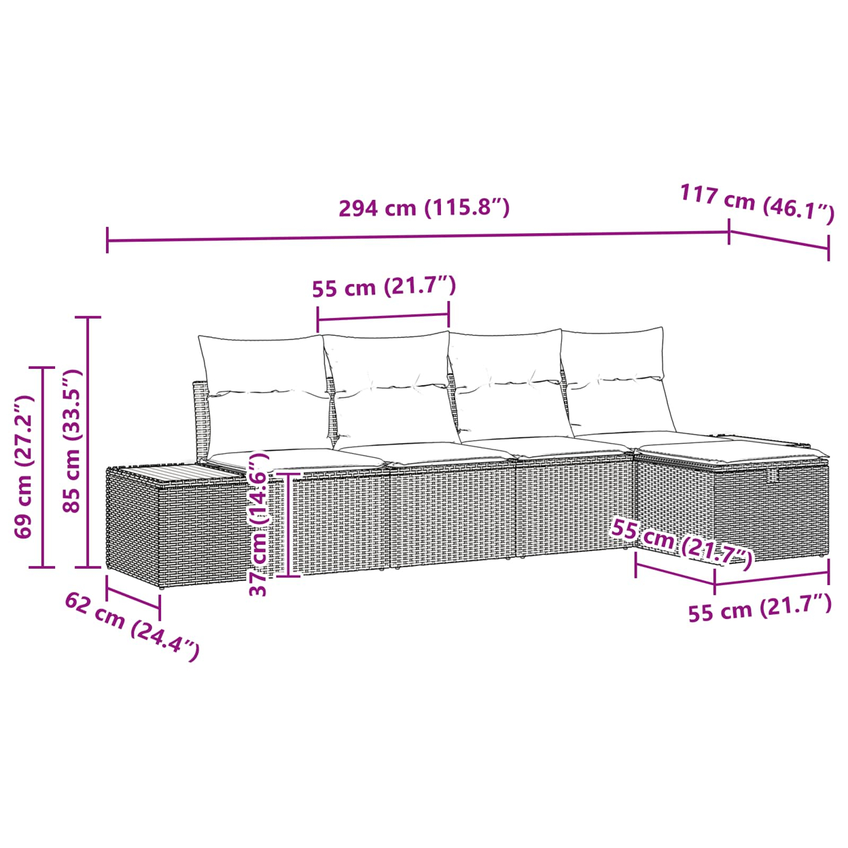 Ein modululares Outdoor-Sofa mit Kissen, Maße in cm und Zoll.