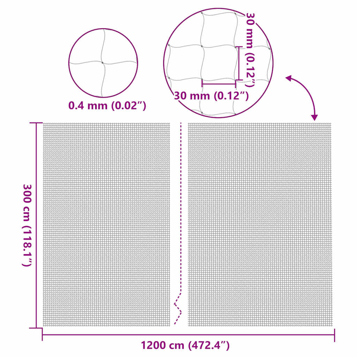 Abmessungen eines Netzes: 300 cm hoch, 1200 cm breit.