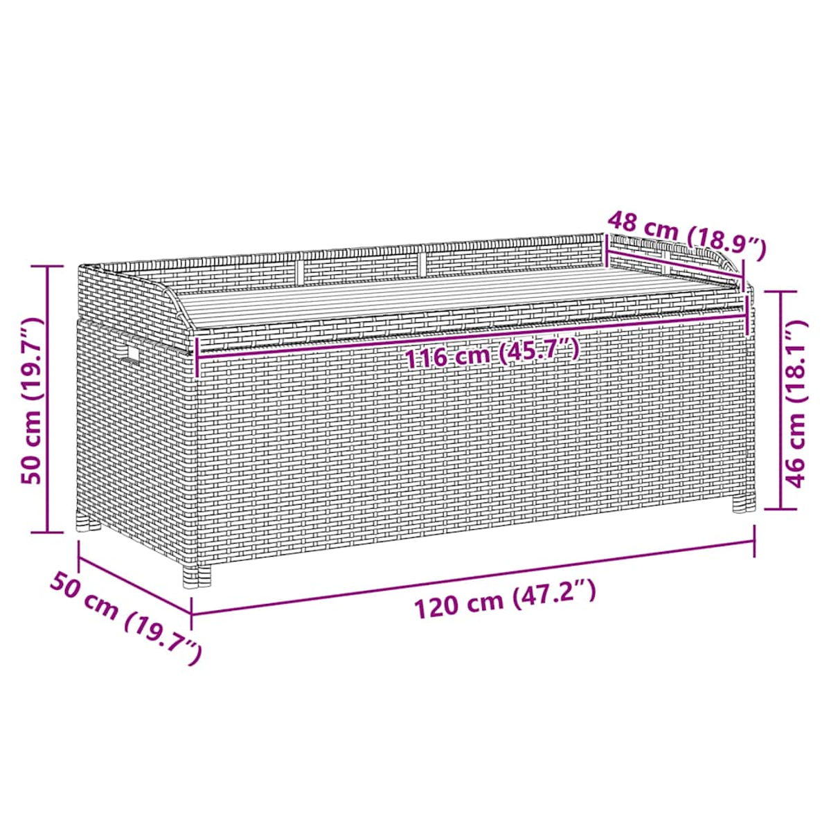 Eine Rattanspeicherbank mit Maßen in cm und Zoll. 120cm lang.