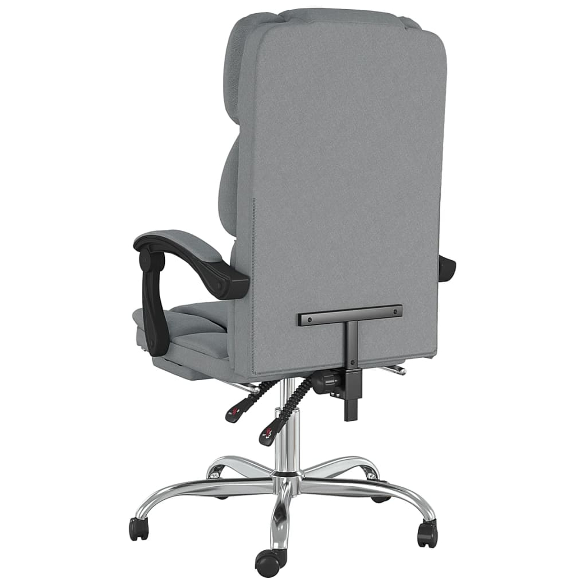 Grauer Bürostuhl von hinten mit Armlehnen, Rädern und Höhenverstellung.