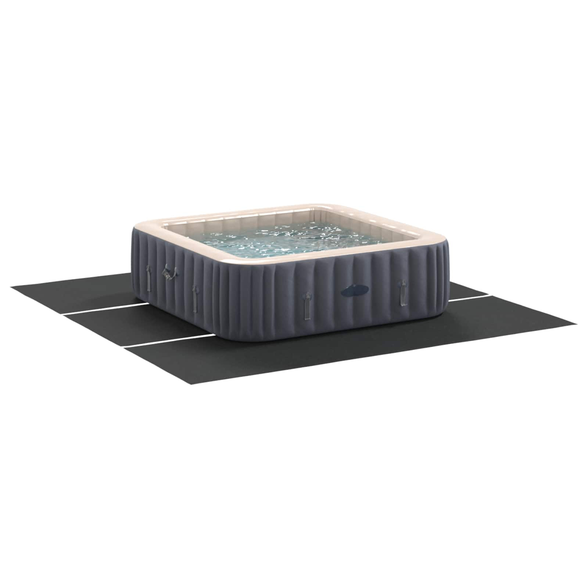 Aufblasbarer Whirlpool mit Wasser auf schwarzer Bodenmatte.