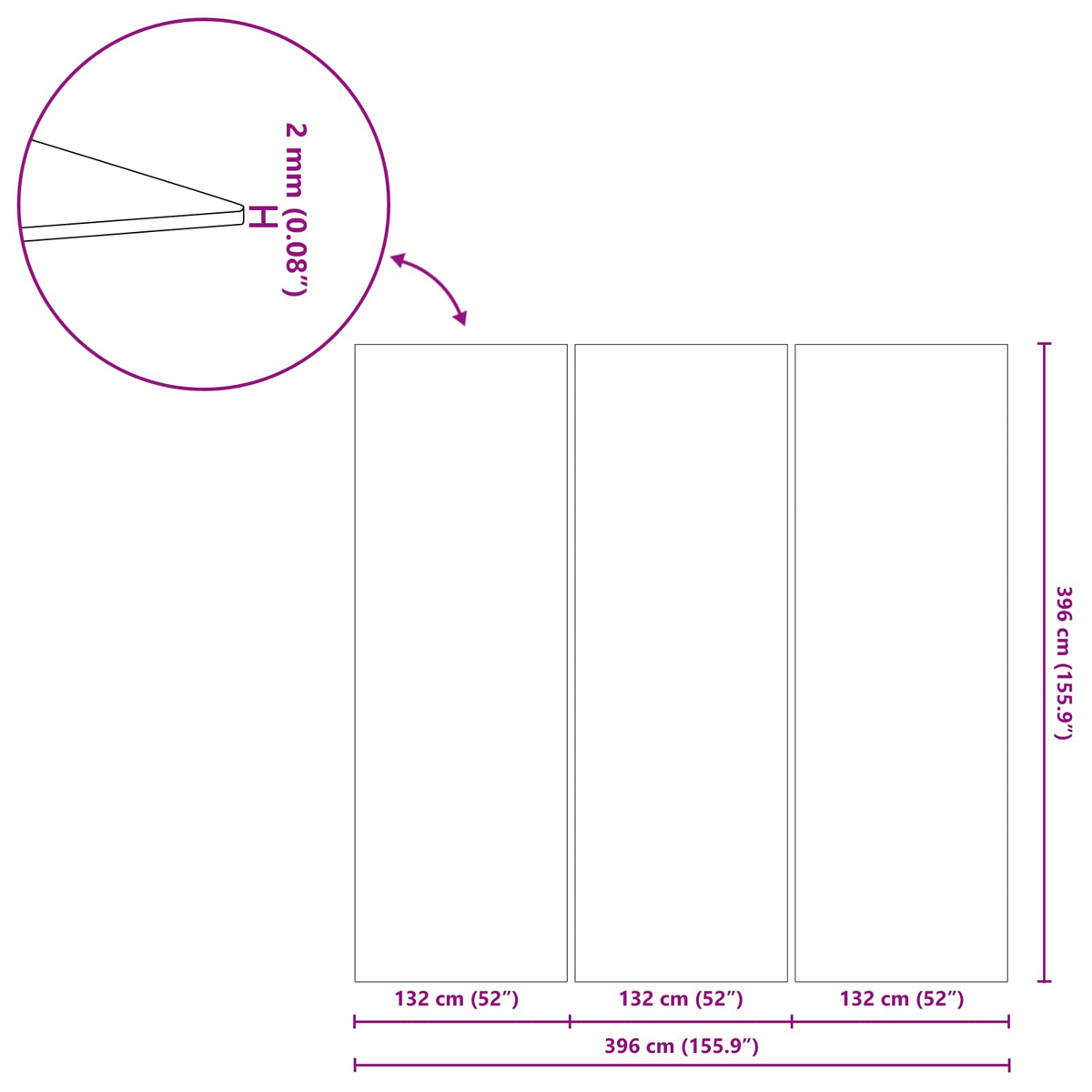 Diagramm zeigt drei weiße Rechtecke nebeneinander mit Maßen.