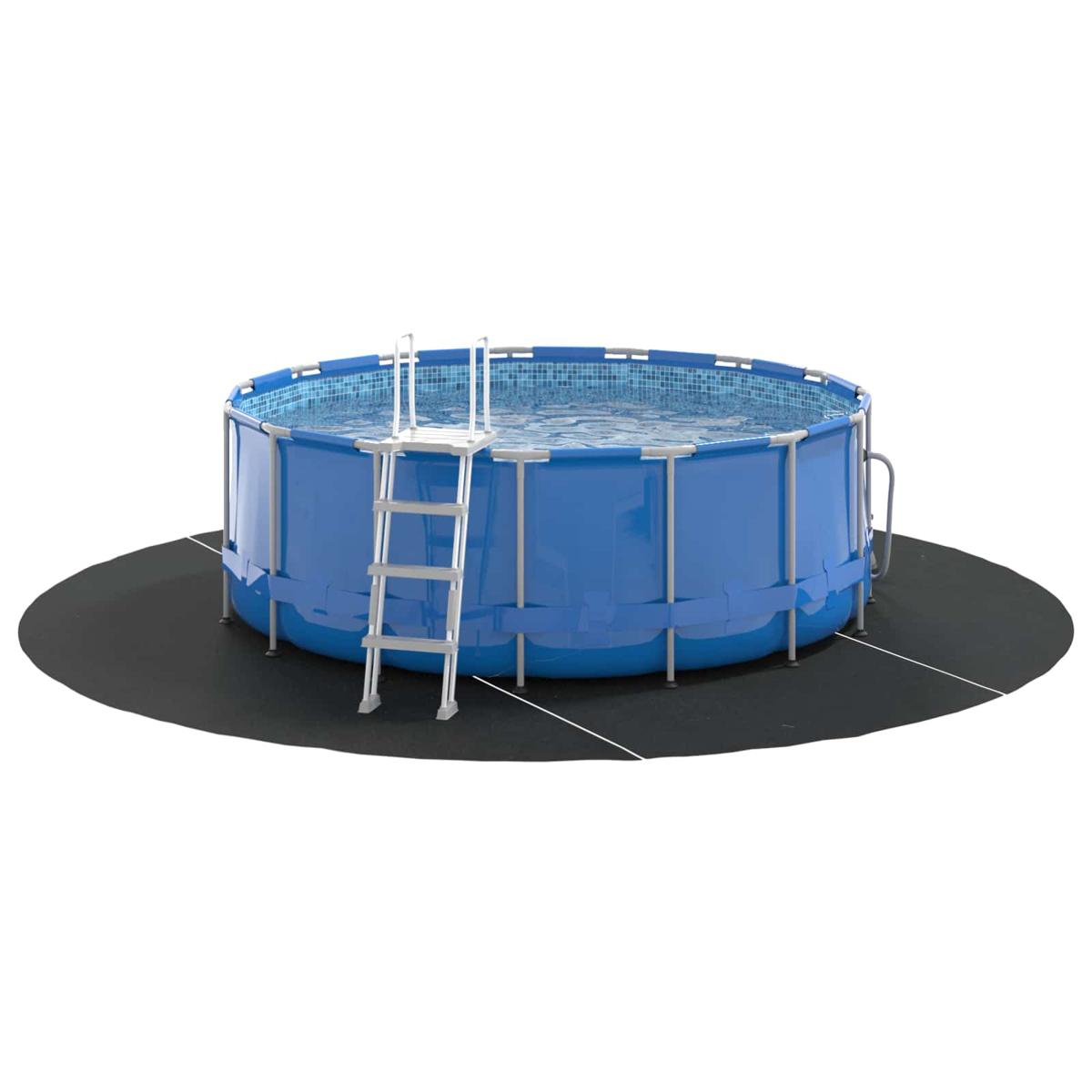 Ein blaues Rundpool mit Leiter auf schwarzer Unterlage. Wasser schimmert.