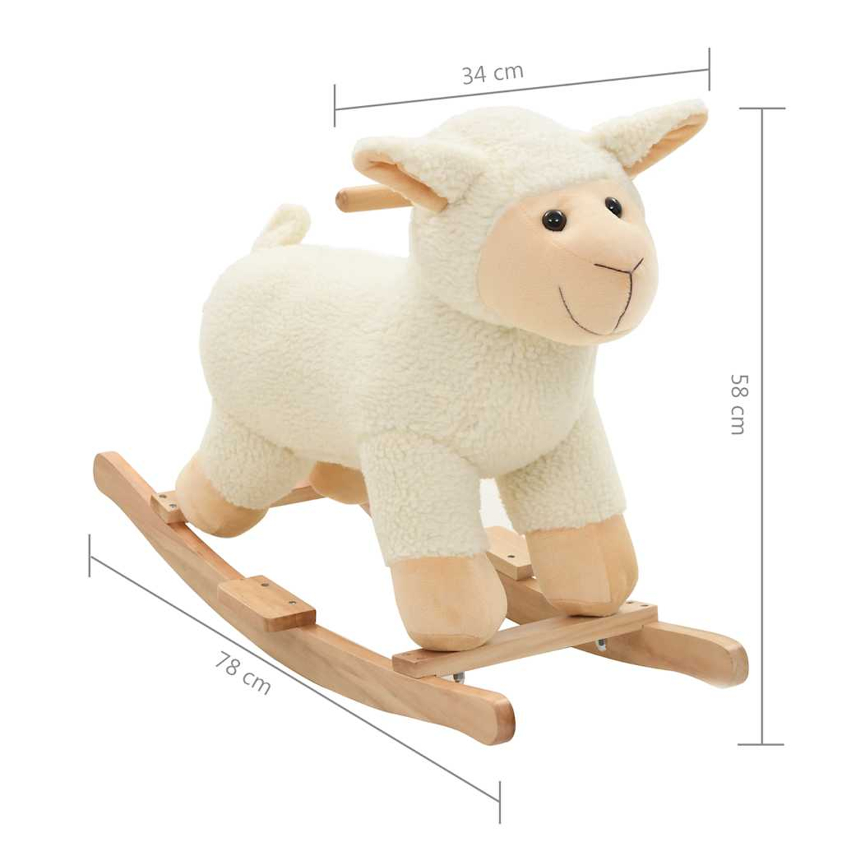 Ein beigefarbener Schaf-Schaukelsitz aus Plüsch mit Holzbasis. Maße 78x34x58cm.